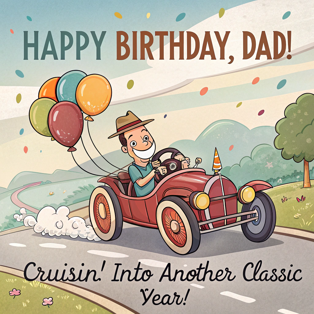 At the top of the image, "Happy birthday, dad!":

At the bottom of the image, "Cruisin' into another classic year!" 

- In the center of the image, illustrate a playful cartoon scene featuring a vintage car with exaggerated, oversized wheels, vibrant colors, and a gleeful expression on the car's "face". The car should be cruising down a road made of birthday candles, with a cartoon version of dad at the wheel, wearing a party hat and grinning ear to ear. Balloons and streamers trail behind, adding to the festive feel.
Generated with these themes: Vintage cars, and .
Made with ❤️ by AI.