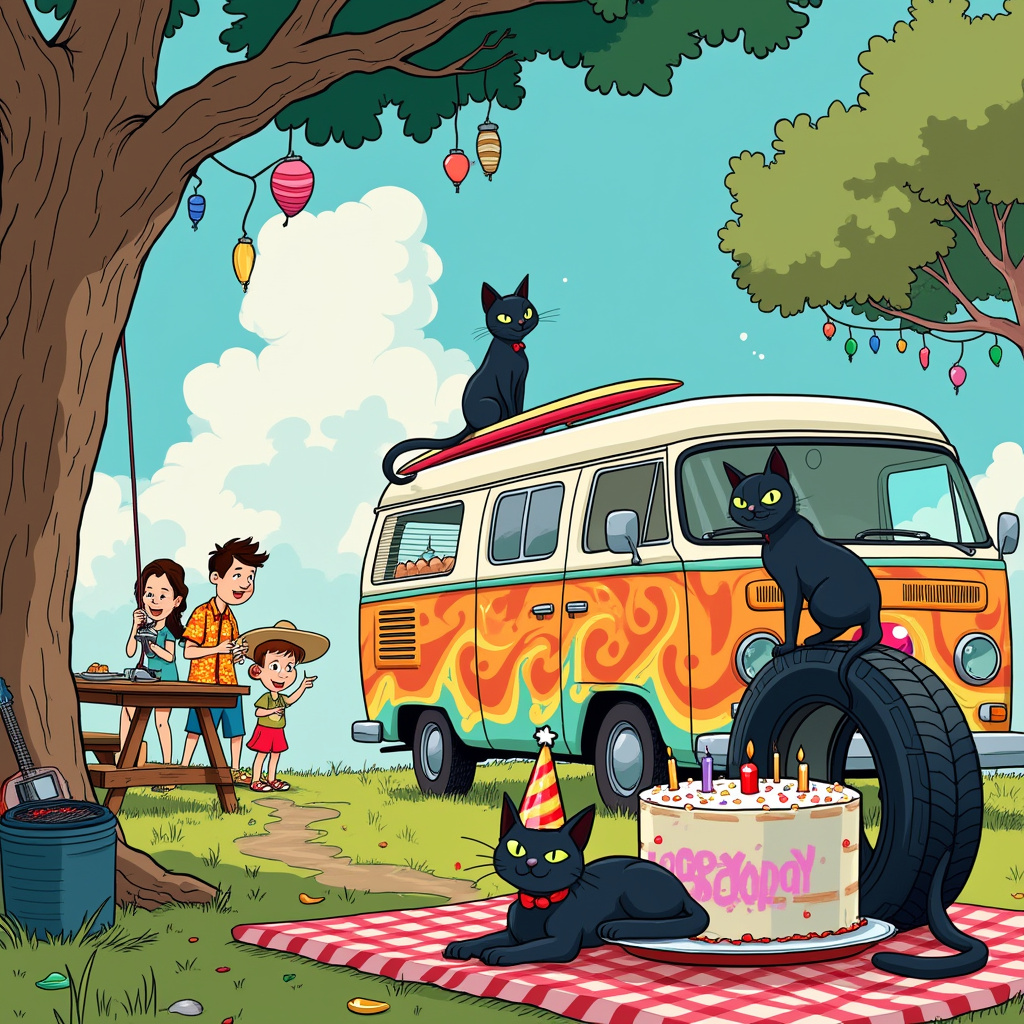 Black cat , Cider, Black and white cat , Family, and Camper van Birthday Card