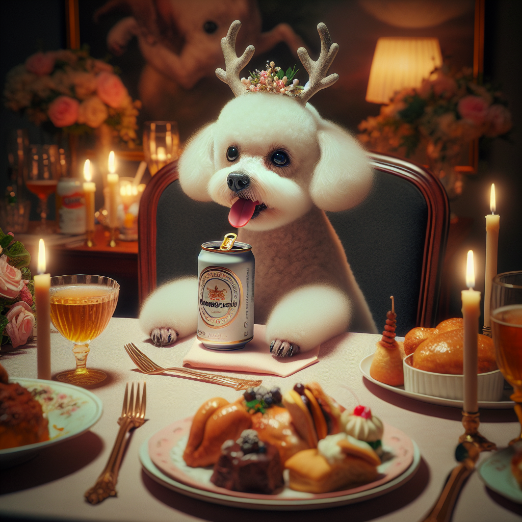 Imagine a tastefully arranged birthday party as the setting. At the center of it all, a cutely charming Bichon Frise, captured in ultra-realistic detail. The small white dog is depicted holding a can of nondescript beer between its tiny paws, playfully taking a sip in a contented manner. The party is filled with deer touches of festivity— a table spread with an elegant cloth, delicious delicacies piled onto plates, and a tenderly arranged bouquet of flowers. The scene is bathed in soft, warm shades, with the flickering glow from the birthday candles illuminating the face of the Bichon Frise, accentuating its gleeful yet serene expression.
Generated with these themes: Bichon frise drinking cans of carling black label.
Made with ❤️ by AI.