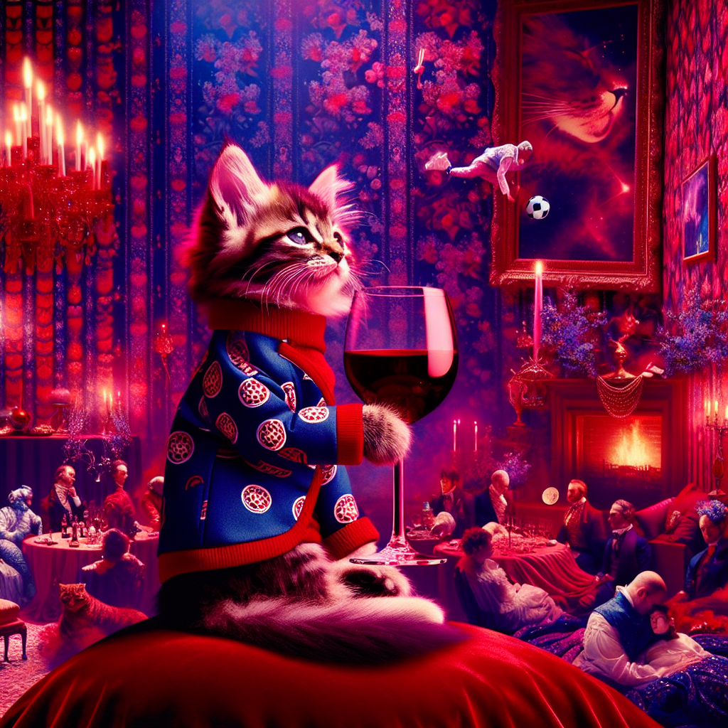 A refined celebration unfolds in an extraordinarily vivid room, with wallpaper giving the illusion of animation. Dominating the scene is a stylish kitten dressed in a tiny, miniature soccer team outfit and elegantly swirling a goblet of deep red wine. This feline radiates peacefulness, nestled comfortably on a lush, velvety cushion. The surreal atmosphere is further intensified by a group of sleeping attendees, floating amidst a deep crimson ocean, with the hushed roars of a sports field resonating gently. A fireplace flickers softly in the background, transitioning seamlessly into a stage where an unnamed holographic singer performs a catchy, comforting song on repeat, the melody weaving through the fantastical party environment.
Generated with these themes: Tuxedo cat, Manchester United, Red Wine, Sleeping, and Rick Astley.
Made with ❤️ by AI.