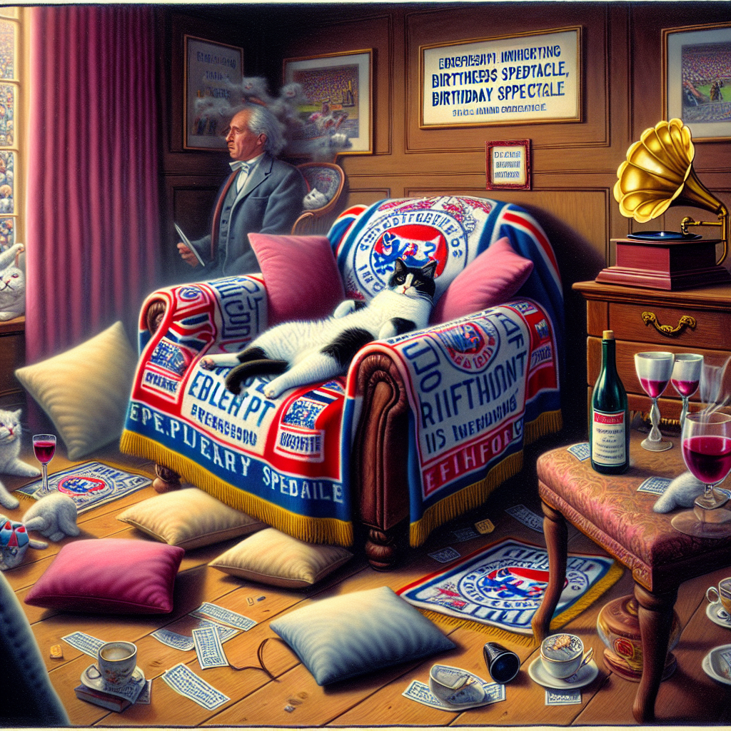 A room represents a blend of fantasy and reality in a peculiar birthday spectacle. At the center of this scene is a tuxedo cat, comfortably reclining in a luxurious chair and basking in the warmth of a regal sports-theme blanket symbolizing an old English football club. The peaceful cat, surrounded by cushions, appears incredibly content, almost as if being soothed by the distant melody of an old 1980s hit echoing from a verdant gramophone. Not far away, a forgotten bottle of high-quality red wine stands, its crimson contents subtly mirrored the colors of the blanket. The surroundings resonate with dreams, spectators are in a state of relaxation, reflecting the cat's tranquility. The dimensions of reality seem to distort, unveiling this fleeting instance suspended in time, cleverly marrying wakefulness's standard constructs with the liberating clasp of slumber.
Generated with these themes: Tuxedo cat, Manchester United, Red Wine, Sleeping, and Rick Astley.
Made with ❤️ by AI.