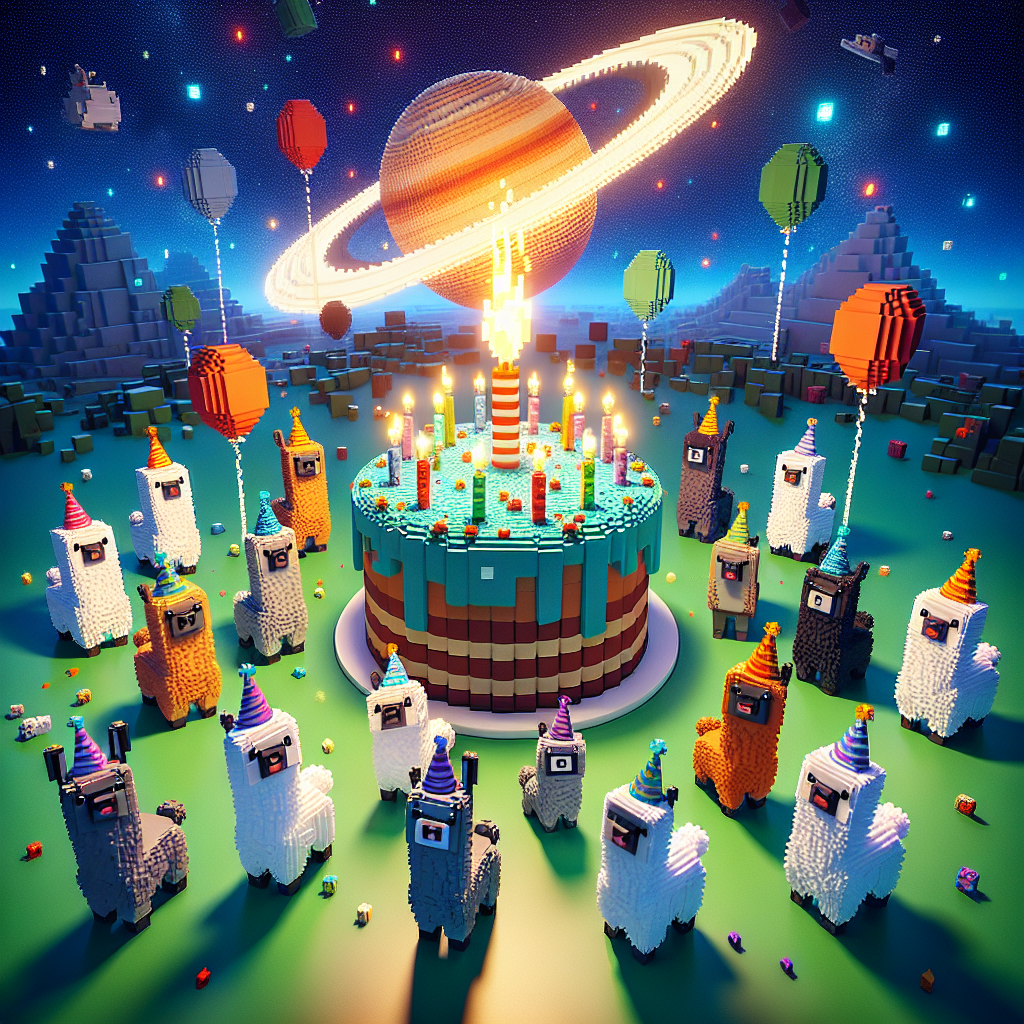 Create a delightful birthday-themed image set in a cuboid, pixelated world reminiscent of popular voxel-based video games. Focus on a central cluster of amiable llamas wearing vibrant party hats and congregating around a magnificent cake topped with luminous, blazing torches. In the backdrop, a pixel-style horizon displays a representation of the planet Saturn, complete with its unique rings, lending an astral element to the festivities. Populate the scene with playful, tiny furball creatures equipped with miniature party hats and helium-filled balloons, contributing increased merriment to the festive surroundings.
Generated with these themes: Minecraft, Llamas, Saturn, and Guinea pigs.
Made with ❤️ by AI.