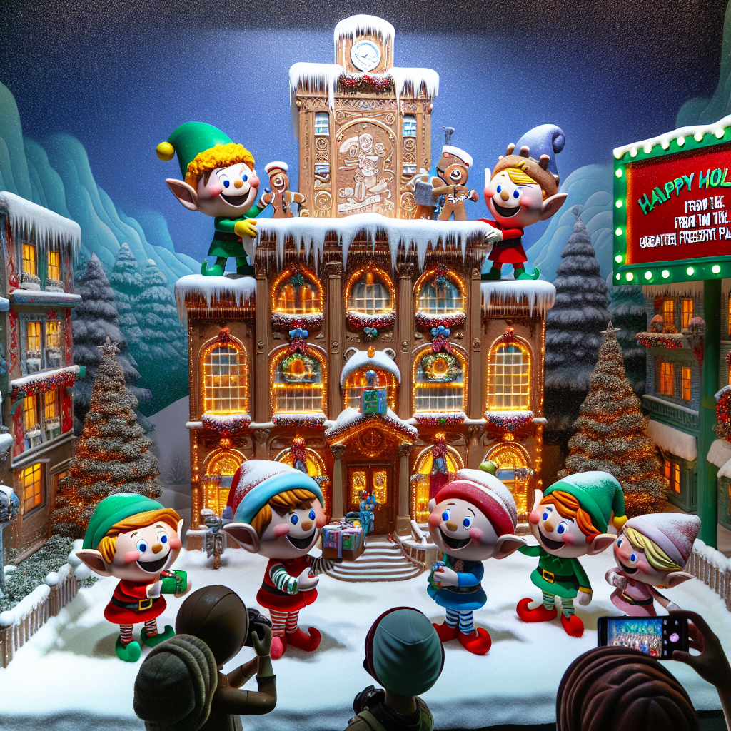 Snow gently falls on a cartoonish main street where caricatures of the five staff members are depicted as cheerful elves. They are creating a towering gingerbread city hall representing community enhancement, while festive tourists snap photos. Each elf wears a hat labeled with their role, and the scene is framed with twinkling lights and the phrase 'Happy Holidays from the Greater Freeport Partnership' displayed on a decorated billboard.
Generated with these themes: Community Development.
Made with ❤️ by AI.