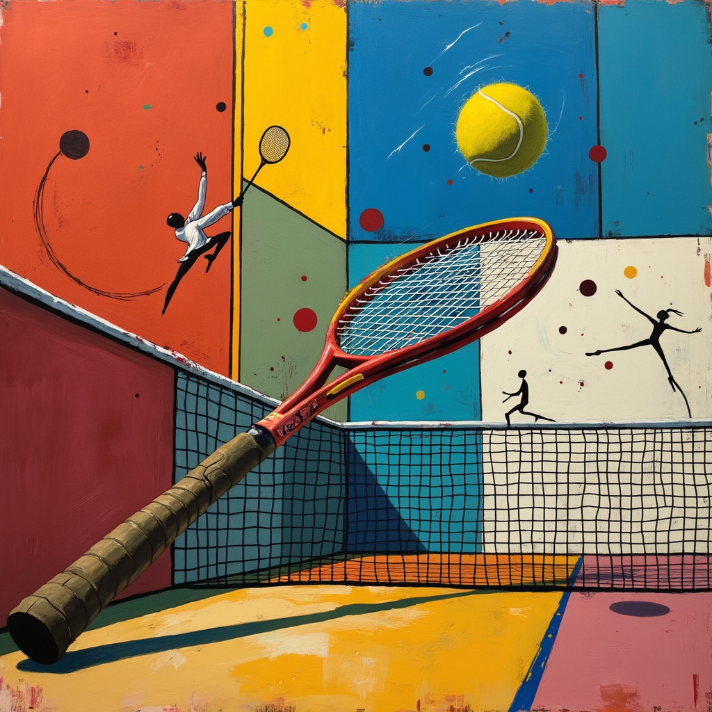 On the front cover of the birthday greetings card, imagine a surreal and abstract tennis-themed scene that takes inspiration from the avant-garde greats. In the center of the card, a tennis racket, but not an ordinary one, emerges from a Mondrian-esque grid of red, blue, and yellow rectangles, where the strings of the racket twist and turn like the entangled lines of a Jackson Pollock painting. The racket's handle morphs into a fluid, almost organic form reminiscent of de Kooning's brushstrokes, ending in a surrealist twist with Joan Miró's whimsical symbols floating around it.

Floating above the racket is a tennis ball, yet it's more than a ball—its surface is textured like a Gerhard Richter painting, with streaks and smears of vibrant colors blending into each other. The ball emits wispy trails of Cy Twombly-like scribbles, creating a sense of movement as they extend outward.

In the background, an ethereal court materializes, with a net that isn't just a net but a delicate lattice of Agnes Martin-inspired lines, meticulously drawn yet with an ethereal, almost translucent quality. Each square within the net alternates between bold Rothko-esque color fields and intricate Kandinsky circles, creating a mesmerizing pattern.

Above, the sky is a canvas of Malevich's Suprematist shapes—floating geometric forms in stark black and white that defy gravity. Interspersed among these forms are abstract figures holding tennis rackets, seemingly playing a game in mid-air, their bodies bending and twisting in a playful nod to Miró's dream-like figures.

In the corners of the scene, subtle splashes of color appear, as if a paintbrush dipped in Pollock's chaotic splatters has lightly kissed the edges, adding an unpredictable, lively energy to the composition.

This surreal, vibrant fusion of tennis and abstract art creates a unique birthday greeting card that tells a story of playful abstraction and dynamic movement, inviting the viewer to explore the intricate details and hidden surprises within the scene.
Generated with these themes: Tennis.
Made with ❤️ by AI.