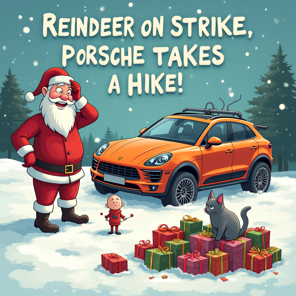 Foreground crashed sleigh with santa scratching his head, Background crashed orange porsche macan, Bald man sitting upset, Slender woman with hands on hips, Grey british shorthair cat, Presents scattered around in snow drift, and Christmas Card