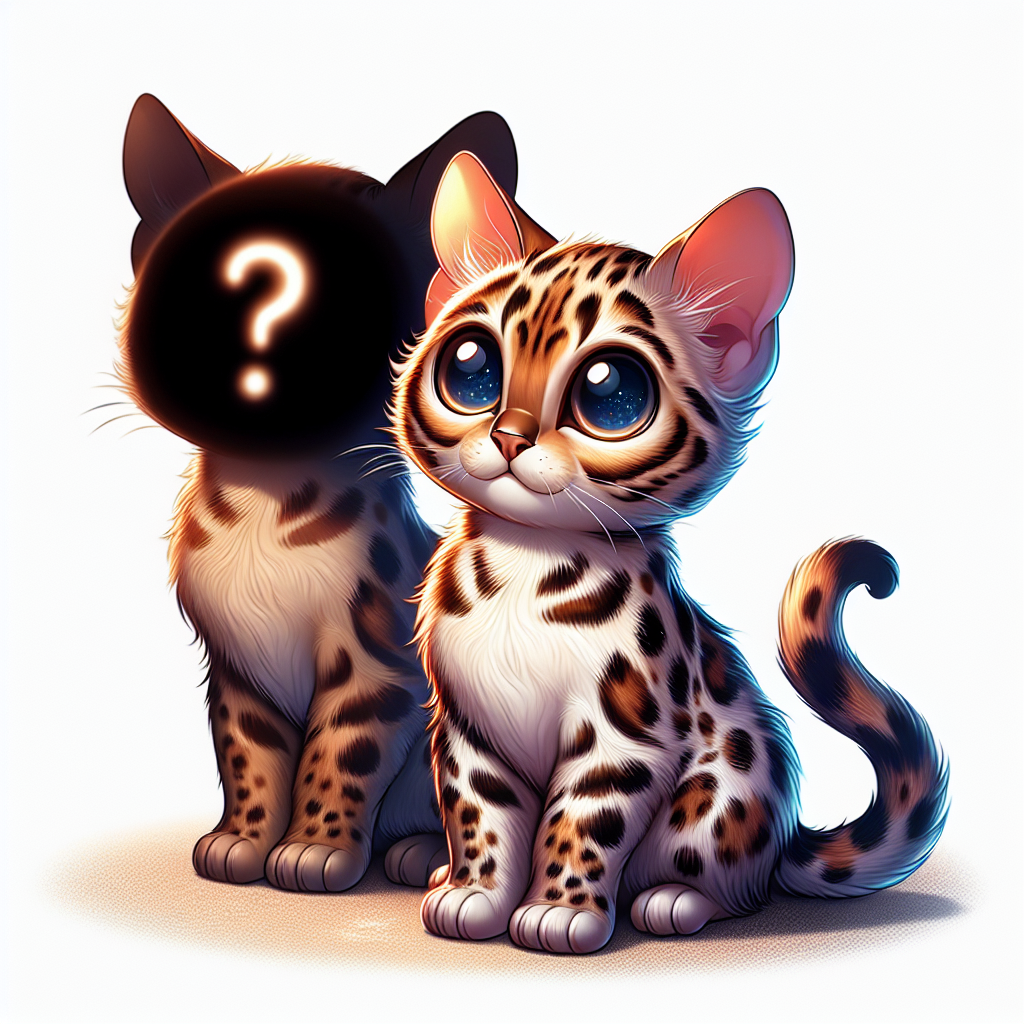 Create a captivating cartoon scene with a mystifying unspecified entity having at center stage. This entity evokes a sense of intrigue, making observers ponder about its essence. Beside this enigma is an adorable Bengal kitten, with a standard body structure. The kitten's fur displays the beautiful hues of Mother Nature ranging from browns, blacks, and tans all blended in artistic splotches, amplifying its endearing charm. Although the kitten's eyes are not visible, it appears to gaze upward, exuding an irresistible innocence that leaves viewers mesmerized and intrigued.
.
Made with ❤️ by AI.