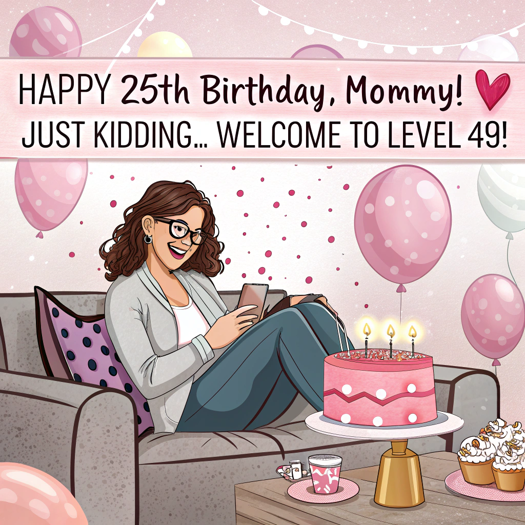 At the top of the image, "Happy 25th Birthday, Mommy! (Just kidding… welcome to Level 40—now with extra joint creaks!)"

- In the center of the realistic photo-style image, depict a cheerful woman sitting on a couch surrounded by an over-the-top 25th birthday party setup—pink balloons, confetti, and a cake with “25” candles.  
- Behind her, subtly but clearly visible, are hidden “40” balloons peeking out from behind the furniture, one half-deflated.  
- She’s wearing a tiara, oversized sunglasses, and holding a cocktail, laughing mid-sip as a young kid off-frame photobombs her with a walker and fake grey wig.  
- Add party guests looking slightly confused by the mismatched décor.  
- In the corner, a dog wears a sign that says, “Nice try, Mommy!”  

This humorous contrast makes it clear it’s all in good fun—cheeky, punny, and just the right amount of age-defiant sass.
Generated with these themes: Happy 25th birthday just joking happy 40th birthday .
Made with ❤️ by AI.