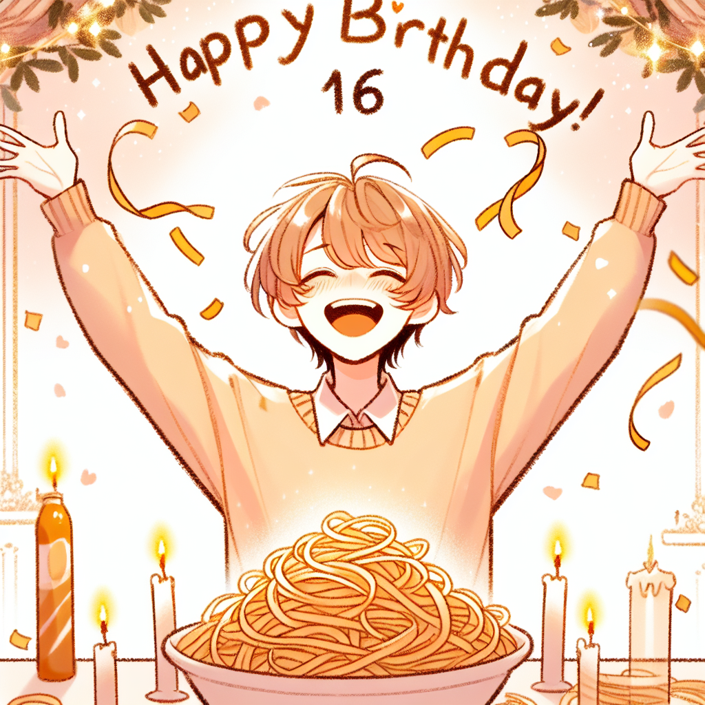 A heartwarming illustration commemorating a significant day, displaying a cheerful 16-year-old character of ambiguous descent and gender, cheerfully throwing freshly made pasta into the air. The backdrop is decorated with gentle shades, shimmering lights, and unobtrusive confetti to signify the festive event. Love shines forth from the character's satisfied smile, encapsulating the entire scene.
Generated with these themes: Chester, 16, and Pasta.
Made with ❤️ by AI.