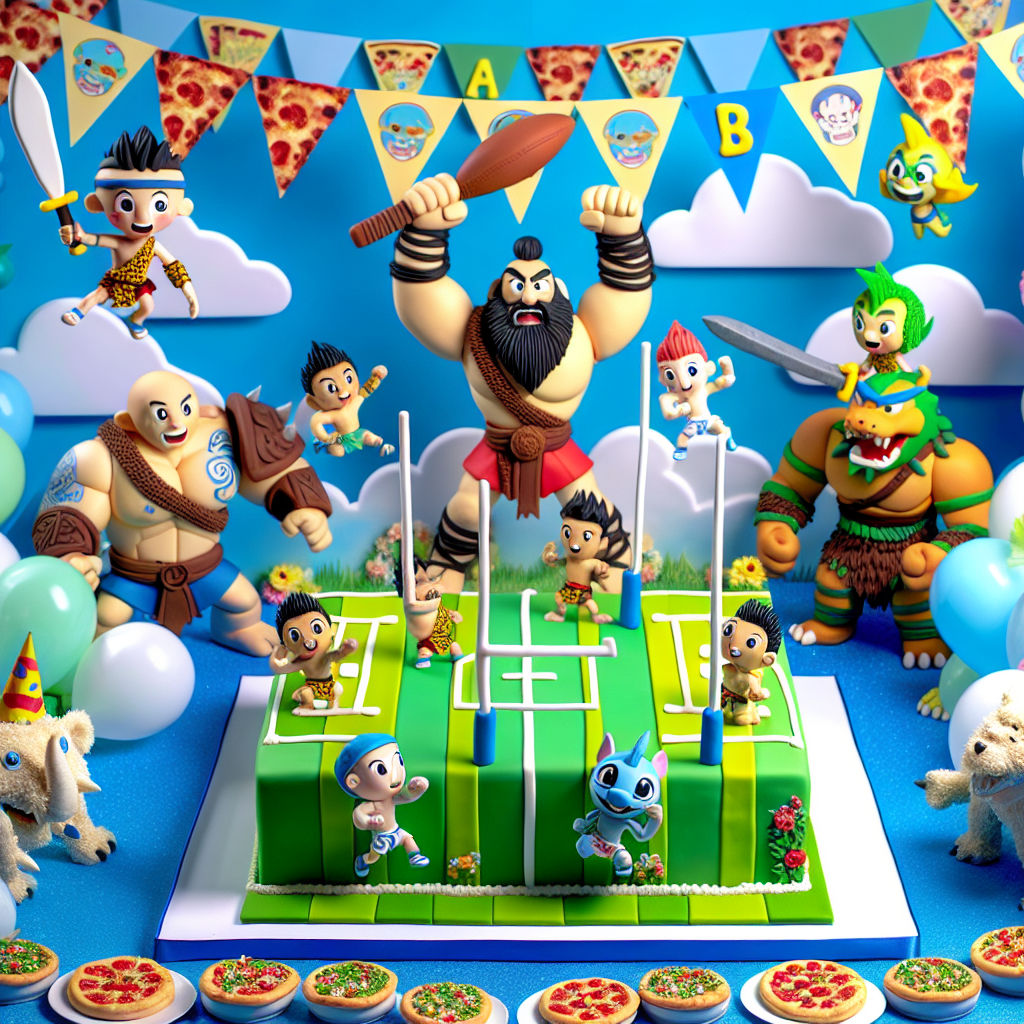 Imagine a joyous cartoon-themed birthday celebration, where characters inspired by ancient martial artists and prehistoric creatures intermingle amid festive balloons and banners. These characters, while influenced by popular children's animations, are re-envisioned in an endearing, child-appropriate art style. Dominating the center of the party is an intricately designed cake mimicking a rugby pitch, complete with goal posts. This is accentuated with charming mini pizza decorations, thereby incorporating a fun sports theme while figuratively adding a delicious layer to the merriment of the occasion.
Generated with these themes: Ninjago , Jurassic World , Rugby , and Pizza.
Made with ❤️ by AI.