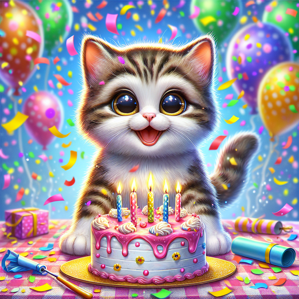 Envision a lively cartoon environment that celebrates a birthday theme. The centerpiece of the scene is an endearing Domestic Shorthair Kitten with a uniquely patched coat of white and brown tabby markings. The kitten's captivating yellow eyes radiate enthusiasm as it finds itself amidst a downpour of confetti and balloons. Nearby, a fancifully embellished birthday cake is strategically placed within the kitten's reach, contributing to the overall atmosphere of joy and celebration.
.
Made with ❤️ by AI.