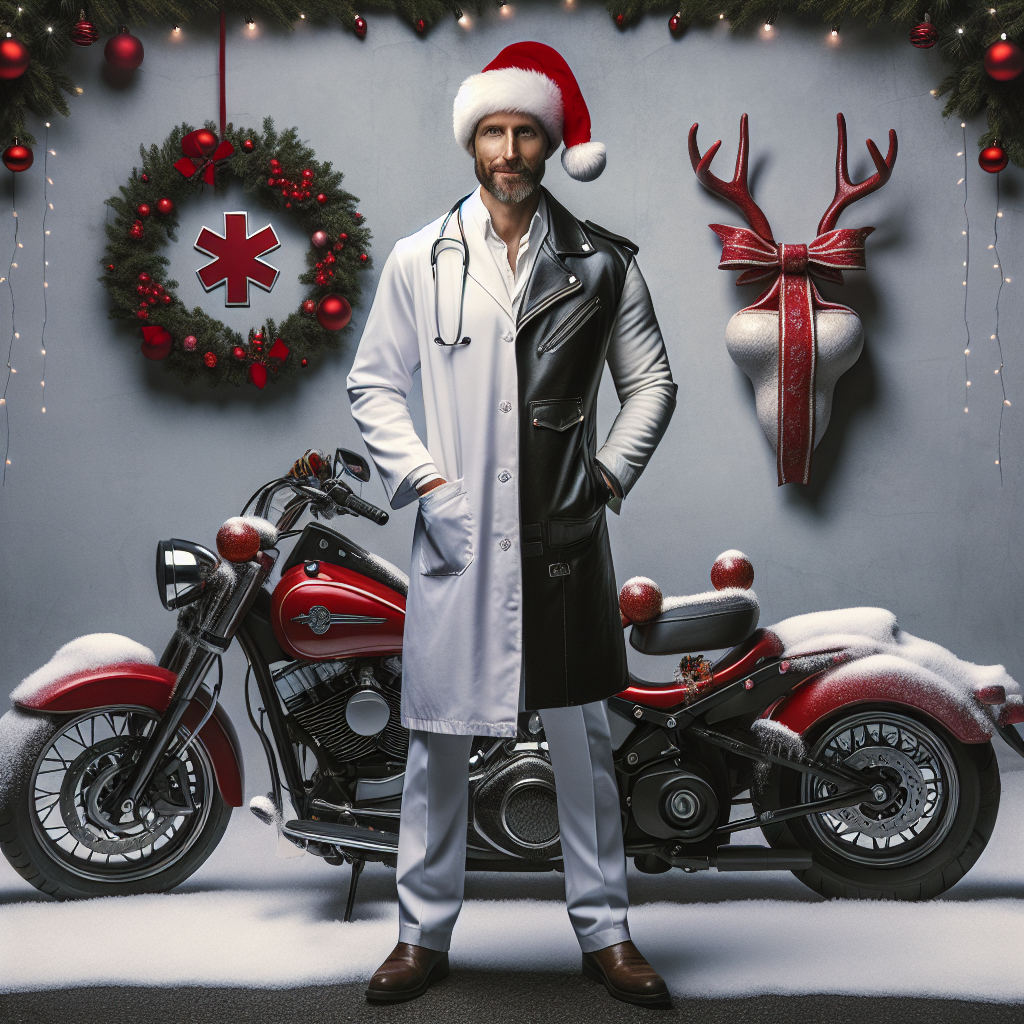 In a Christmas scene that melds whimsy with reality, a doctor sporting biker attire stands out. He's clad in his professional white coat, with a black leather jacket underneath, signaling his dual passions. A Santa hat crowns his ensemble, while his red Harley Davidson, parked close by, boasts a hint of Christmas decor. This unique blend of medical responsibility, biker culture, and holiday spirit captures the imagination in a refreshingly realistic way.
Generated with these themes: Biker doctor in white coat and black leather jacket with Santa Claus hat and red Harley Davidson.
Made with ❤️ by AI.