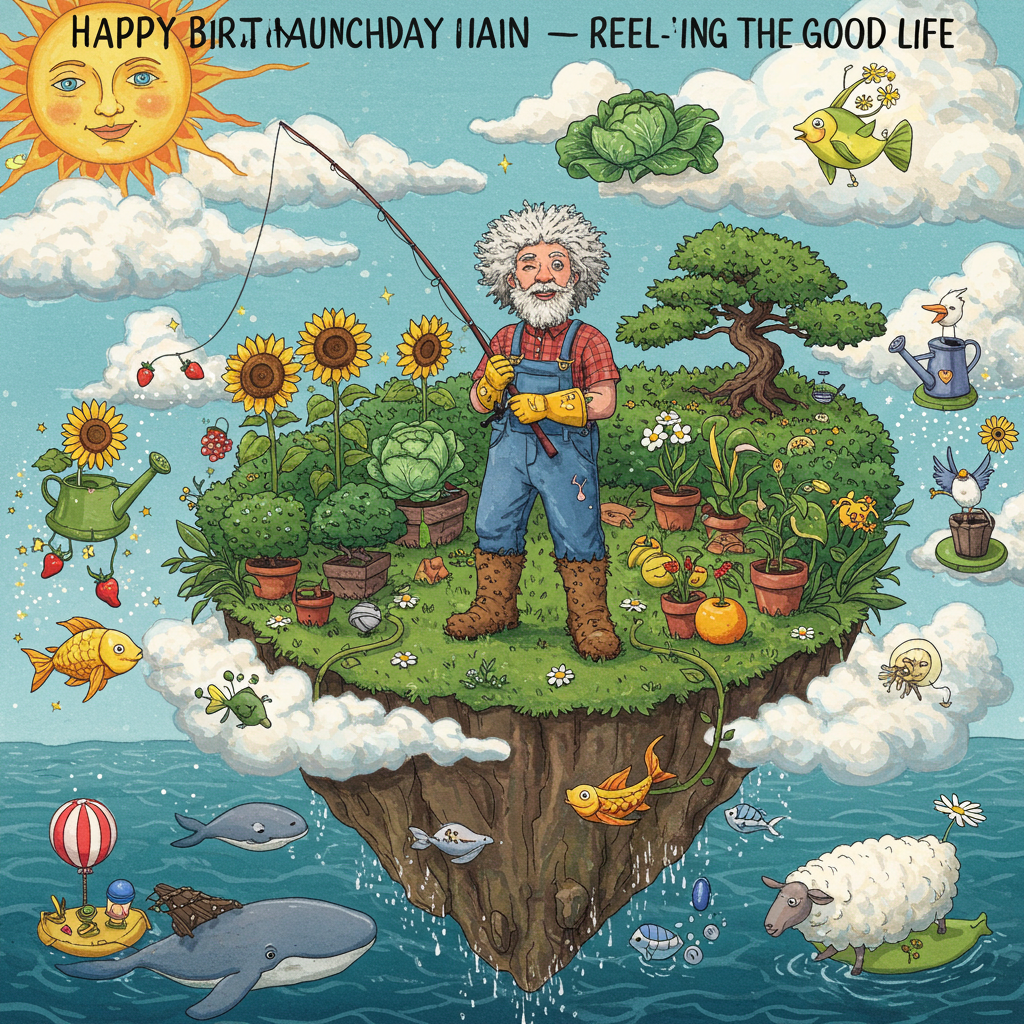 At the top of the illustration image, "Happy Birthday Uncle Iain – Reel-y Digging the Good Life!"

**Prompt for the illustration:**

Create a surreal, dreamlike illustration in a vibrant, hand-painted style. A man with wild white hair and a short white beard (Uncle Iain) is standing in the middle of a floating garden island in the sky. He's fishing with a giant rainbow-colored fishing rod—not in water, but casting his line into clouds that swirl like whipped cream. 

As he "reels" in clouds, they magically transform into fantastical plants—glowing sunflowers, singing cabbages, bonsai trees shaped like musical notes, and vines made of garden hose that dance around him. A small school of fish made of floating fruits (strawberries with fins, bananas shaped like eels) swim through the air around him, trailing sparkles. Birds in tuxedos perch on floating watering cans that rain glitter.

Uncle Iain wears overalls made of moss, with gardening gloves that grow tiny daisies from the fingertips. The sun above has a face and winks knowingly. Below the island, skywhales and air-sheep float peacefully past surreal balloon-shaped hedges and spiral clouds.

A joyful, lush, slightly chaotic blend of garden, sea, and sky—funny, magical, and bizarre, just like the best birthdays.
Generated with these themes: Man with white hair and short white beard fishing and creating amazing garden.
Made with ❤️ by AI.