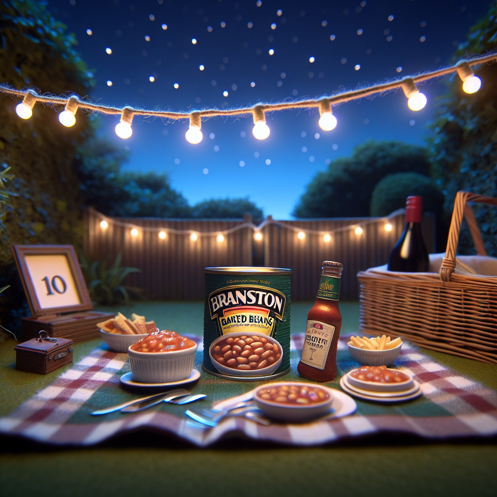 The setting is a quaint backyard picnic under a starlit sky. Strung up fairy lights cast a soft, warm glow over the scene. The main focus is a checkered blanket that serves as the base for a charming spread of popular snacks and a bottle of wine. In an endearing twist, a tin of Branston baked beans is placed at the center of the layout, showcasing the couple's appreciation for the simple joys of life. The scene symbolically marks a decade of their togetherness and shared love.
Generated with these themes: Branston baked beans, and 10.
Made with ❤️ by AI.