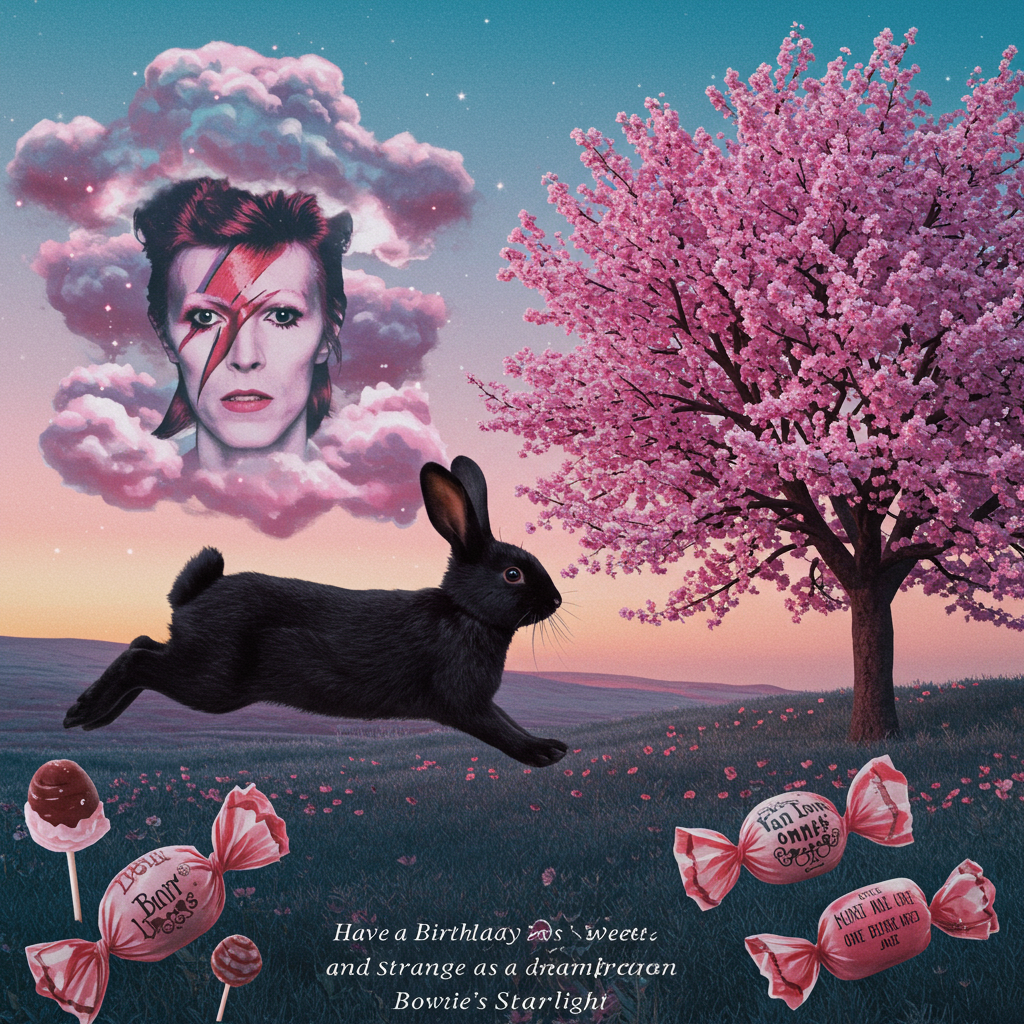 Black rabbit with white nose, Cherry tree, David Bowie , Sweeties, Gothic , and Birthday Card