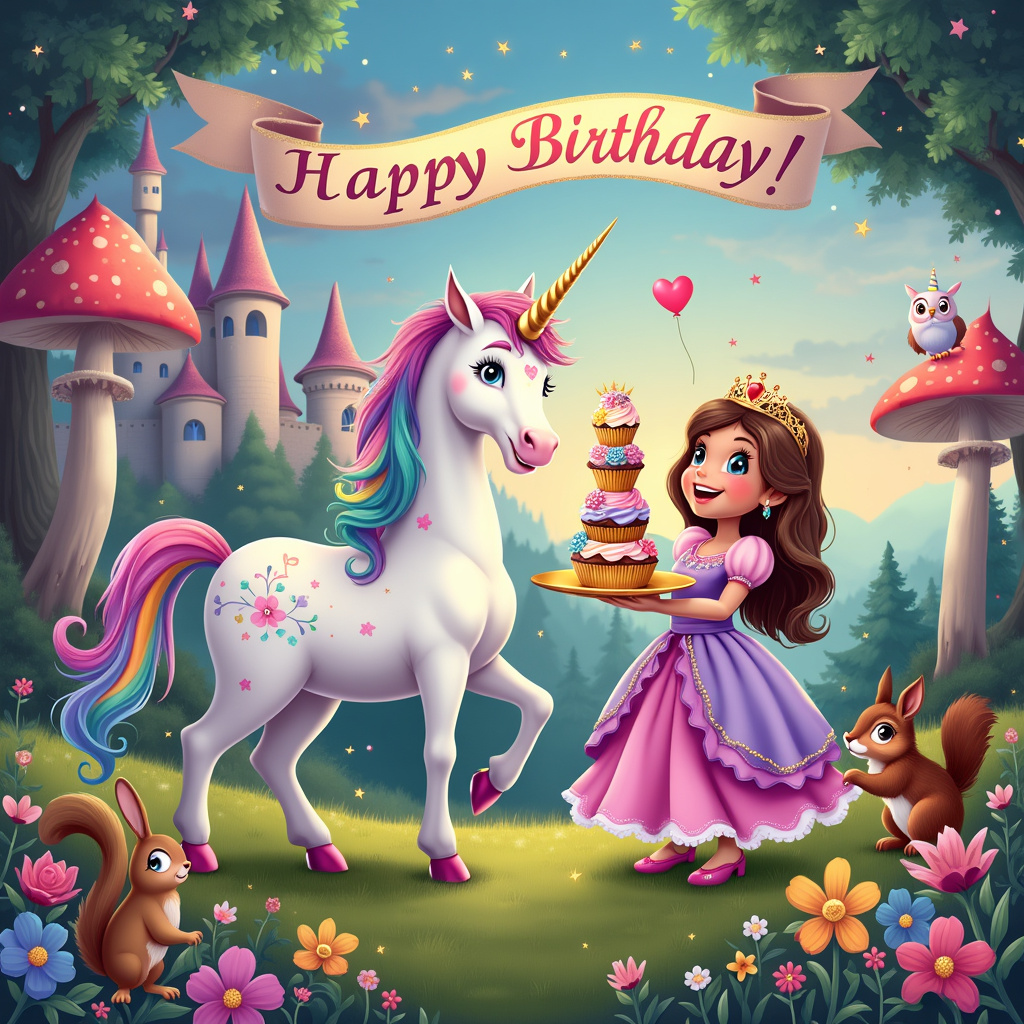 On the front cover of the birthday greeting card, the scene is set in a fantastical meadow at the edge of an enchanted forest. At the center of the image, a gleaming, pastel-colored unicorn with a golden horn and a rainbow mane stands majestically on a grassy knoll. Its hooves are sparkling with a trail of glittering stardust. The unicorn is mid-laugh, showing its friendly, whimsical nature. Beside it, a charming princess in a vibrant pink and purple gown, with intricate floral patterns, is gleefully attempting to balance a towering stack of cupcakes on a golden platter. Each cupcake is decorated with tiny crowns, star sprinkles, and mini rainbows. The princess wears a tiara that sparkles with embedded gems that catch the sunlight. 

In the background, there's a whimsical castle with turrets that look like giant candy canes, and walls adorned with climbing roses that bloom in fantastical colors. The sky is a magical twilight, with hues of lavender and periwinkle, dotted with twinkling stars even though it's still daytime. A banner floats in the air, strung between two tall, whimsical mushrooms with red caps and white polka dots, reading "Happy Birthday!" in glittery gold letters.

To the side, a few woodland creatures join the festivity: a squirrel holding a tiny balloon shaped like an acorn, a rabbit with a party hat, and an owl perched on a low branch of a nearby tree, seemingly cheering with its wings spread wide. On the grassy meadow, colorful flowers bloom, some even in the shape of tiny birthday cakes, adding to the celebratory feel.

Every element is saturated with detail and vibrancy, bringing the whimsical birthday scene to life with a touch of surreal magic.
Generated with these themes: Unicorn, and Princess.
Made with ❤️ by AI.