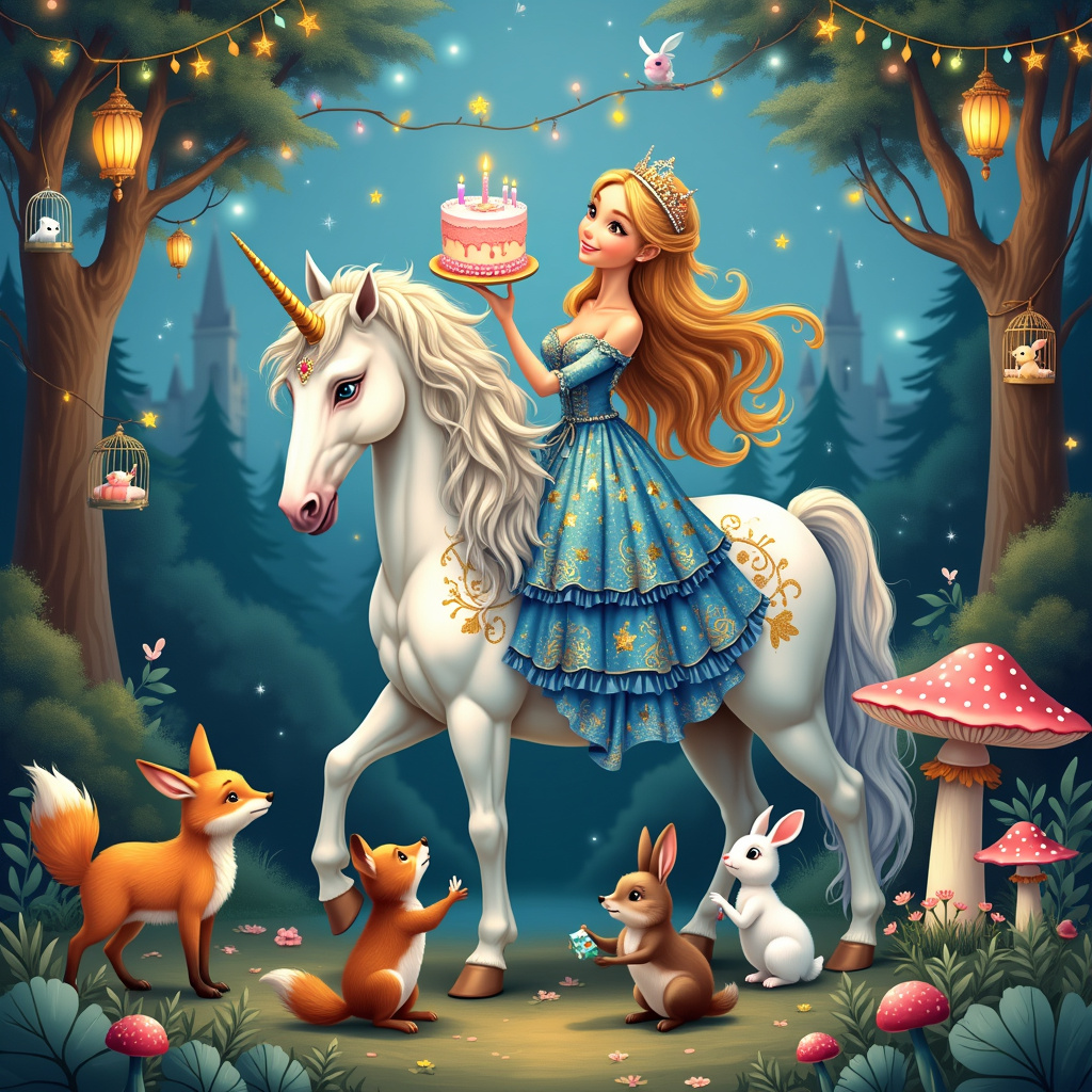 The front cover of the birthday greetings card bursts with whimsical, detailed fantasy. At the center, a vibrant, enchanted forest clearing under a sky of twilight hues comes to life. In the foreground, a magnificent unicorn with a sparkling silver mane and tail, speckled with star-like glitter, stands majestically. Its body glows with a soft luminescent sheen, and its large, expressive eyes shimmer with a hint of mischief. Perched sidesaddle on the unicorn is a regal princess, adorned in a lavish gown that cascades in layers of iridescent blues and purples, reminiscent of peacock feathers. The gown is intricately detailed with golden thread embroidery that swirls in patterns of stars and moons.

The princess wears a delicate, jeweled tiara that catches the light and scatters tiny rainbows, and her long, flowing hair is the color of spun gold, tumbling down her back in luxurious waves. In one hand, she holds a scepter topped with a glowing crystal orb, and in the other, she offers a slice of pink birthday cake with a single, lit candle to a group of forest creatures gathered at her feet. 

To the left, a curious fox with a bushy tail watches with wide eyes, while to the right, a pair of rabbits, one white and one brown, stand on their hind legs, eagerly looking up at the cake. Behind the princess and unicorn, the trees are adorned with strings of lanterns and colorful bunting, fluttering gently in an unseen breeze. Hanging from the branches are ornate birdcages, each housing a tiny, fantastical bird with plumage of every conceivable color. Scattered among the forest floor are giant, oversized toadstools, their caps dotted with white spots, adding to the magical atmosphere.

In the background, nestled between the trees, is a whimsical castle with turrets and spires that reach towards the sky, their tops twinkling with fairy lights. The scene is rich with details, from the texture of the unicorn’s fur to the intricate patterns on the princess’s gown, creating a fantastical, birthday-themed wonderland that invites the viewer into its enchanting story.
Generated with these themes: Unicorn, and Princess.
Made with ❤️ by AI.