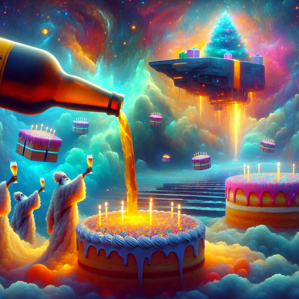 In a vibrant, dreamy landscape, an illogically large craft beer bottle can be seen defying gravity, pouring an amber stream of beer into a sea of floating, colorfully-iced birthday cakes. Ethereal human figures, Caucasian and Black, dressed in cloud-like robes, are seen raising their glasses in a toast to acts of kindness and empathy. In the background, a vague, futuristic spaceship resembling a sea vessel glides through a starry sky, with radiant beams lowering down birthday presents shrouded in glittering, cosmic wrapping paper.
Generated with these themes: Craft beer, Samaritans, and Star trek.
Made with ❤️ by AI.