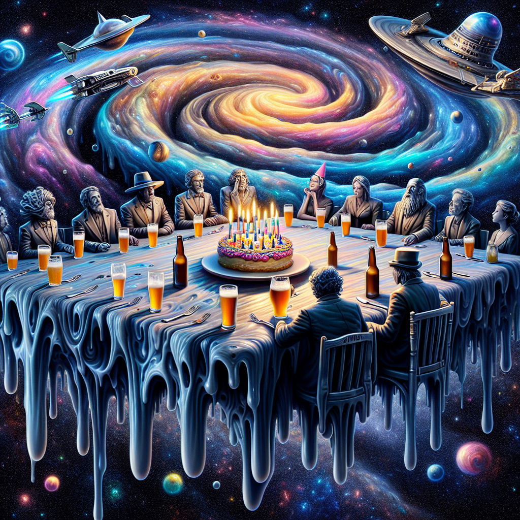 A melting table bearing a strong resemblance to a birthday feast floats in the foreground, it's formed reminiscent of the warped, fluid characteristics often associated with surrealist art from the early 1900s, with half-empty craft beer glasses and bottles teetering on its brink. Figures representing universal goodwill, their faces calm and knowledgeable, float around the table in serene discussion, emulating the unity of a famous sci-fi series crew. Overhead, the universe spirals into a vortex influenced by the same sci-fi series, with futuristic weapons zipping through pearlescent nebulae, commemorating existence and exploration in a spectacle of cosmic celebration.
Generated with these themes: Craft beer, Samaritans, and Star trek.
Made with ❤️ by AI.