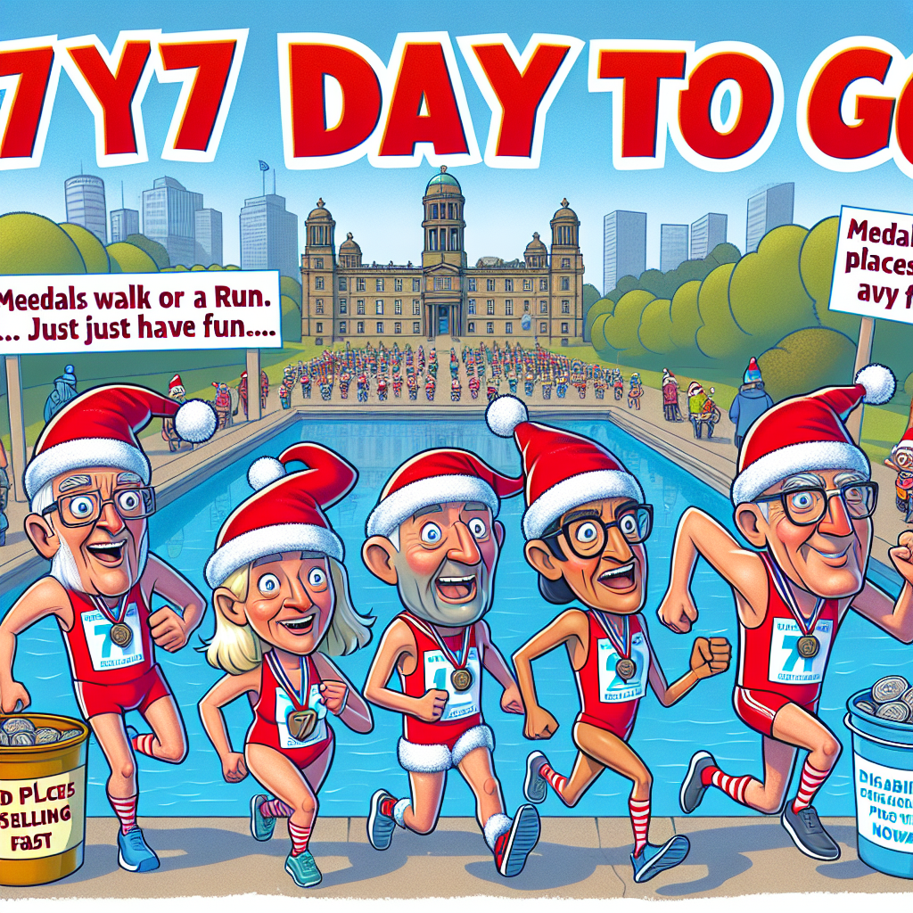 The illustration features cartoonish participants in a 'LICHFIELD Festive Hat Dash', donning Santa hats as they merrily dash past the historic Lichfield Stowe Pool. The inclusive event highlights symbols of disability-friendly features, kindness, and food bank donations. With the countdown '7 days to go' and the phrases 'HURRY PLACES SELLING FAST' and 'Register now', the scene conveys a sense of urgency, while 'Medals for all' assures participants of recognition for their effort. The phrase 'Walk or run. Just have fun...' ensures a welcoming atmosphere.
Generated with these themes: Santa hat running, LICHFIELD Festive Hat Dash, Lichfield Stowe Pool, Lichfield Cathedral , Disabilty , Kindness , Foodbank, 7 days to go, HURRY PLACES SELLING FAST, Register now, and Medals for all.
Made with ❤️ by AI.