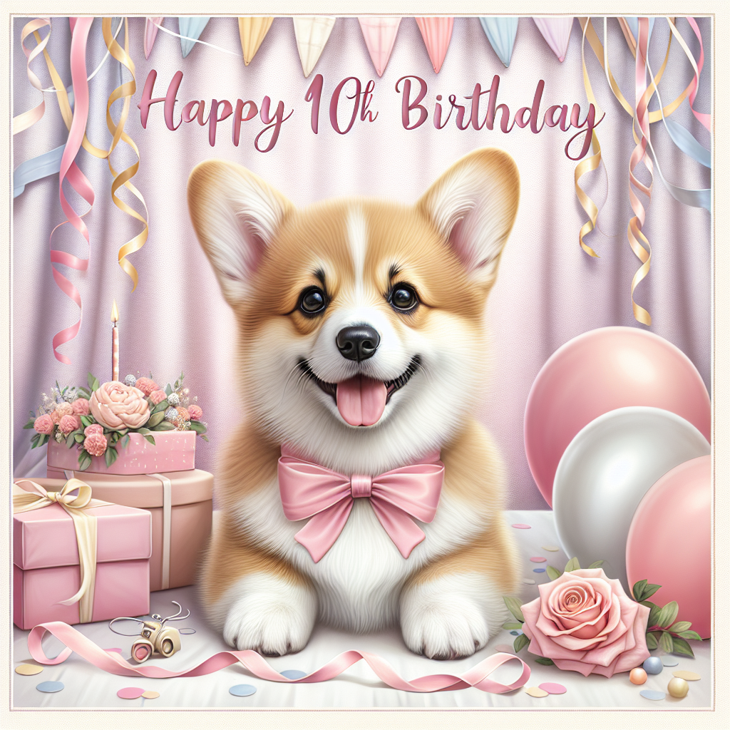 Illustrate a delightful birthday setting dominated by an adorable, realistic looking corgi. Picture the dog surrounded by tender decorations of streamers and balloons, all presented in soft pastel colors to convey a sensation of happiness, while maintaining simplicity. In the middle, place the message, 'Happy 10th Birthday', written in an elegant yet fun style, signifying both the innocence and maturity of a beloved daughter on her significant day.
Generated with these themes: Corgi, Happy 10th Birthday, and Daughter.
Made with ❤️ by AI.