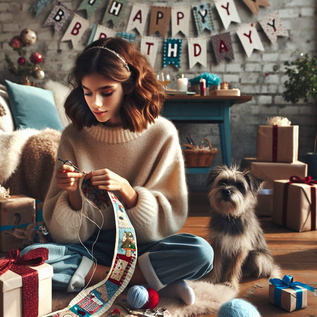 Cool teenage girl with brown hair sewing birthday bunting + presents + scruffy grey dog Birthday Card