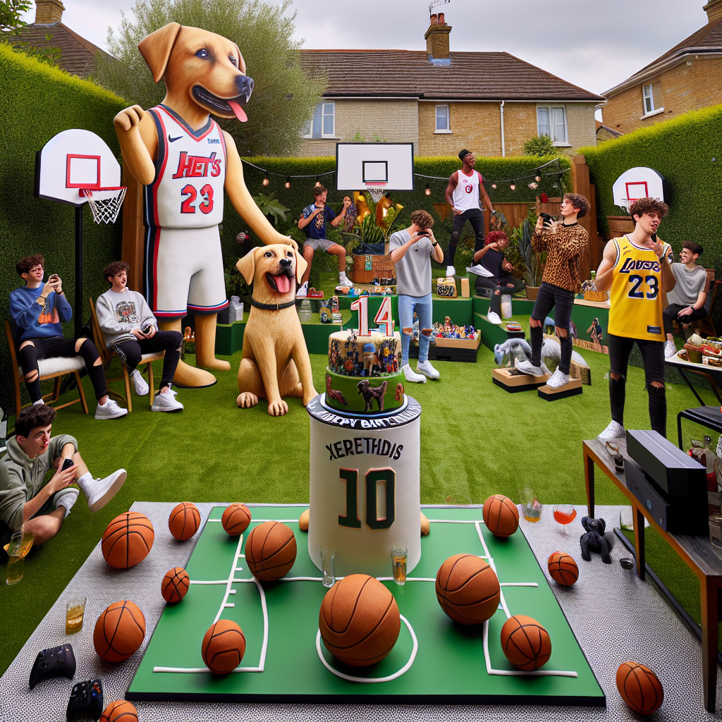 The scene takes place in a backyard that has been transformed into a sports-themed paradise for a teenage boy's 14th birthday. Life-size cardboard figures of a labrador, a basketball, and a soccer ball have been cleverly positioned to serve as Interactive selfies spots. In the midst of laughter and conversations, the birthday boy and his friends of varying descents, draped in contemporary fashion, enliven the scene. An exciting X-box tournament occurs in one corner, bolstered by cheering friends. A Tik Tok dance competition, perfectly synchronized with popular music, fills the air with rhythm. The cake, an incredible centerpiece that unites the world of sports and teenage existence, is topped with an edible labrador wearing the jersey of the birthday boy's favored sports team.
Generated with these themes: Soccer, Basketball, Labrador, Son, Age 14, Friends, Tik tok, X box, Clothes, and Music.
Made with ❤️ by AI.