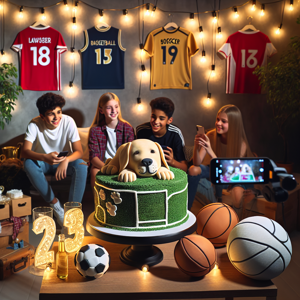 Create a warm, inviting scene filled with the comforting illumination of clear string lights strewn across a room, highlighting a birthday celebration for a 14-year-old who loves soccer and basketball. Centered in this image, find a carefully-designed cake topped with a fondant labrador lounging on a verdant soccer field nestling a basketball. In the periphery, friends of various descents, dressed in the latest teenage trends, are recording videos on their digital devices while an off-screen gaming console powers fun sessions. Adorning the wall are personally curated jerseys, a testament to the teenager's passion for sports and fashion, with popular music tunes forming the backdrop for this cheerful gathering.
Generated with these themes: Soccer, Basketball, Labrador, Son, Age 14, Friends, Tik tok, X box, Clothes, and Music.
Made with ❤️ by AI.