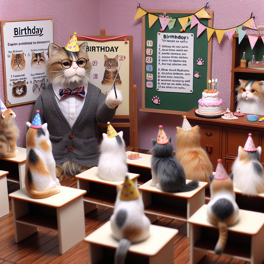 Imagine a scene where a group of realistic, delightful cats arrange themselves in a classroom decorated with miniature desks and birthday festooneries. The cat professor, wearing a charming bow tie and glasses, uses a paw to point at a cheerful birthday diagram. Educational charts about different cat breeds adorn the walls, each uniquely presented with an added festive twist of party hats and cakes next to each breed's description. A small birthday treat, specifically made to be cat-friendly, is poised at the front of the room, awaiting the post-lesson merriment.
Generated with these themes: Cats, and Teaching.
Made with ❤️ by AI.