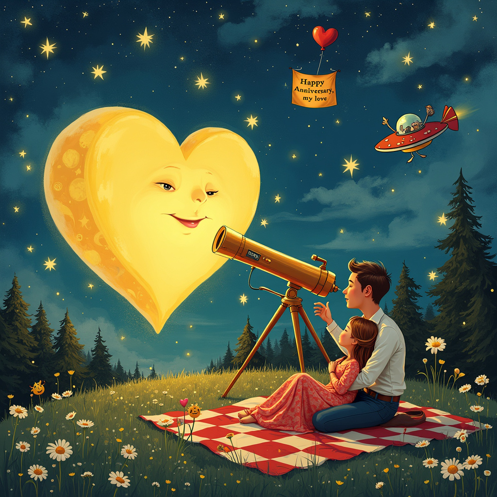 Imagine a whimsical night sky adorned with twinkling stars, where a gigantic, heart-shaped moon gleams with a soft, golden hue, taking center stage. Below, a charmingly surreal scene unfolds on a grassy hill dotted with daisies. Picture a cozy picnic blanket, complete with a checkered pattern of deep red and white squares, spread under the moonlight. On the blanket sits a quirky, lovable husband who, with a comically oversized telescope, peers through the lens up at the moon. 

The telescope, humorously labeled "Love Scope 3000," is equipped with various quirky buttons and knobs, including one that says "Zoom for Love" and another that reads "Heart Focus." Next to him, his wife sits gracefully, her head resting on his shoulder as she giggles at his antics. She's elegantly dressed in a flowing dress with moon and star patterns, reminiscent of Van Gogh’s "Starry Night," adding a touch of classic artistry to the scene. 

Above them, the heart-shaped moon isn’t just glowing—it’s animated with a friendly face that winks mischievously, reminiscent of classic cartoon expressions from Winsor McCay’s work. In the background, silhouettes of their favorite cartoon characters from the inspirations you mentioned, like Snoopy and Woodstock, are etched into the starry sky, adding a layer of nostalgic charm. There are also little touches like a Calvin and Hobbes-style tiger tail peeking from behind a bush and a Tintin rocket ship subtly hidden amongst the stars.

On the horizon, you can spot an Astro Boy flying by, holding a banner that reads "Happy Anniversary, my love!" The far side of the sky has a little UFO with alien creatures, inspired by Gary Larson’s quirky humor, holding up a sign that says "Earthlings in Love!" Completing this whimsical tableau are heart-shaped fireflies flitting about, illuminating the scene with a soft, romantic glow. This playful and endearing scene, packed with delightful details, is sure to capture the essence of a loving, fun-filled anniversary.
Generated with these themes: Happy anniversary wife moon heartshaped night sky.
Made with ❤️ by AI.