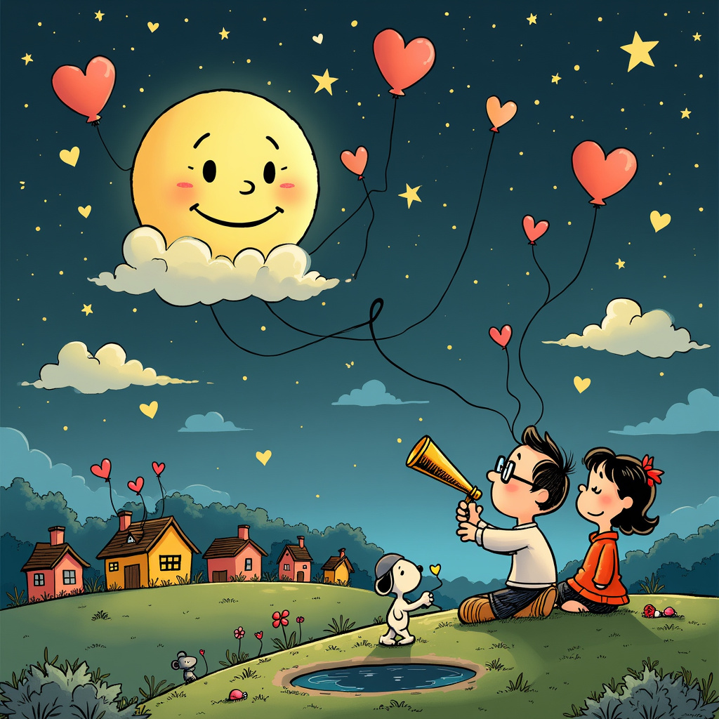 The scene is set on the front cover of an anniversary greeting card, depicting a whimsical, moonlit night with a cartoonish twist. The backdrop is a deep, navy blue night sky, dotted with playful, twinkling stars of various sizes and colors, reminiscent of Winsor McCay’s "Little Nemo in Slumberland." The centerpiece is an enormous, cheerful moon with a smiling face, styled in the iconic fashion of Osamu Tezuka's characters, complete with expressive eyes and a big, friendly grin. The moon itself is heart-shaped, giving a quirky nod to the theme.

Hovering around the moon are little heart-shaped clouds, each one different – some fluffy, some wispy – and colored in pastel shades of pink and red. These clouds are holding hands, forming a heart-shaped outline around the moon, reminiscent of Bill Watterson's attention to detail in "Calvin and Hobbes."

Below the moon, we see a quaint, cartoonish landscape with rolling hills and tiny, whimsical houses, drawn with the simplicity and charm of Charles Schulz's Peanuts. Each house has a little heart-shaped window and heart-shaped flowers in their gardens, adding a layer of loving detail.

In the foreground, there’s a comical scene inspired by Gary Larson's "The Far Side." A cartoon husband and wife, drawn in an exaggerated, humorous style, sit on a grassy hill. The husband is a goofy character with oversized glasses, holding a giant telescope that’s heart-shaped and aimed at the moon. The wife, who has a playful smile and is drawn with exaggerated eyelashes and a heart-shaped pendant around her neck, is pointing at the moon while holding a heart-shaped balloon.

To complete the scene, little critters – a mix of mice, birds, and perhaps a quirky, oversized ladybug – are gathered around the couple, all looking up at the heart-shaped moon, adding an extra layer of charm and whimsy. There’s even a small, heart-shaped pond nearby, reflecting the moon and stars, creating a picturesque, romantic setting.

The entire scene is framed by a delicate, vintage-style border, reminiscent of Will Eisner’s elegant graphic novel panels, giving the card an old-world charm while still keeping it playful and modern. This detailed, quirky scene tells the story of a joyful anniversary celebration under a heart-shaped moon, filled with love and laughter.
Generated with these themes: Happy anniversary wife moon heartshaped night sky.
Made with ❤️ by AI.