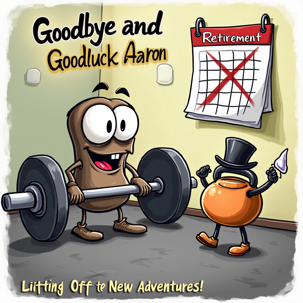 At the top of the Cartoon Style image, write "Goodbye and Goodluck Aaron" in bold, cheerful letters.

**Image Description:**

Imagine a quirky cartoon gym scene with a bunch of anthropomorphic weights and gym equipment. A large dumbbell with big googly eyes and a mischievous smile is trying to lift a barbell that’s comically larger than itself. Nearby, a kettlebell with a tiny top hat waves a handkerchief dramatically, pretending to cry as if bidding farewell. In the corner, a skipping rope with arms is jumping excitedly, its "face" looking both sad and happy. In the background, a whimsical calendar on the wall shows the days being crossed out, with the word “Retirement” written in big, celebratory letters. 

Add a cheeky caption under the image: "Lifting Off to New Adventures!"
Generated with these themes: Weights, and .
Made with ❤️ by AI.