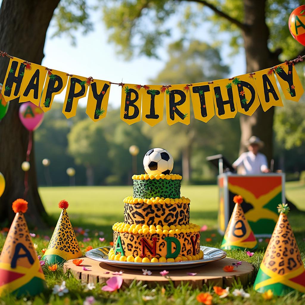 A vivid birthday scene unfolds on a bright, sunny day in an outdoor setting, reminiscent of a Birmingham park. At the center lies a grand banner, stretching across two trees, reading 'Happy Birthday Andy' in bold, playful letters, each character alternating in vibrant cat and tiger patterns representative of Jamaican culture. Beneath the banner stands a sizeable, three-tiered cake, its frosted layers mimicking the feline prints, topped with a miniature sugar art - a soccer ball to signify Birmingham's love for football. Surrounding the cake are various party hats decorated with similar animal prints and a scattering of balloons drifting above, each featuring a prominent 'A' for Andy amidst tropical floral motifs. In the background, a makeshift DJ booth covered in Jamaican flag colors actively plays a jubilant reggae soundtrack.
Generated with these themes: Cat, Tiger patterns, Birmingham, and Jamaica.
Made with ❤️ by AI.
