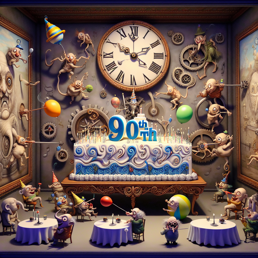 Visualize an extraordinary room with walls that seem to be alive. They are decorated with fantastical portrayals of animated characters extending 'Happy 90th' wishes. In the middle of the room, a cake designed like a series of delightful mechanical cogs stands unbalanced. Each figure in the '90' is displayed in a diverse, fantastical style, seeming to twirl around the cake in tune to an inaudible tune. Strange beings, all clutching globes appearing as small planets, chuckle with joy, watching a fantastical entity that's a fusion of a balloon and a clock, symbolizing the flow of time and the commemoration of a singular event.
Generated with these themes: 90.
Made with ❤️ by AI.