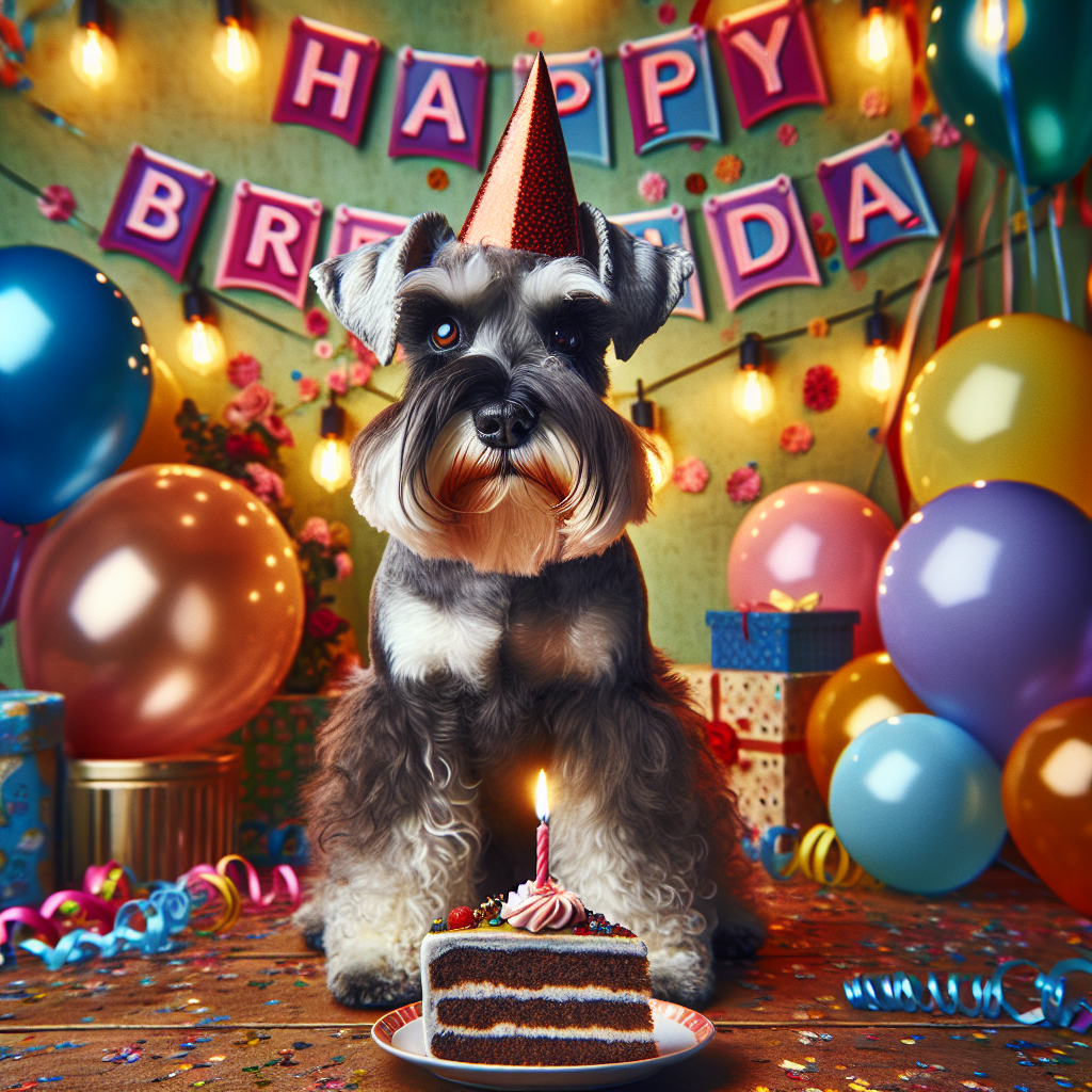 Imagine an animated scene filled with the liveliness of a birthday celebration. The atmosphere is vibrant with various shades of decorative balloons, streamers, and a sizeable banner inscribed with 'Happy Birthday' in the backdrop. The main attraction of the scene is an alluring adult Schnauzer dog. The dog reveals its normal physique and a fascinating gray coat bedecked with patches of white. It sits brimming with anticipation, its warm brown eyes flicker with delight. Around this loveable canine's neck, there's a bold red birthday hat, adding to the festive flair. Conveniently placed before the Schnauzer is a slice of cake, crowned with one brightly blazing candle, set on a petite plate.
.
Made with ❤️ by AI.