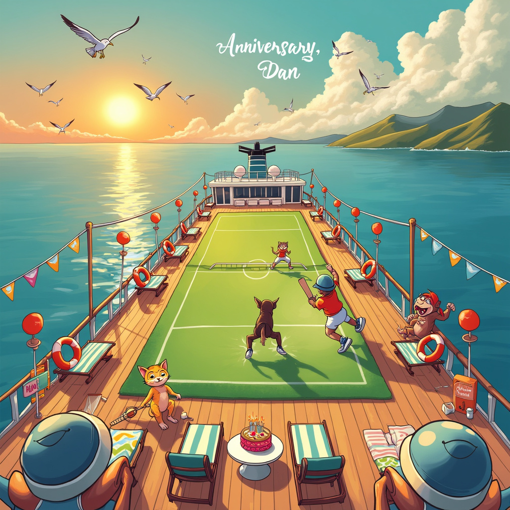 Imagine a vibrant and bustling cricket pitch located on the deck of a luxurious cruise ship, cutting through a picturesque ocean. The ship is decorated with festive streamers and balloons. The cricket field's boundary lines are marked by colorful life preservers and beach towels. 

On one side, we see a cartoonish but detailed cricket match in full swing. The batsman is an enthusiastic cat in cricket gear, mid-swing, sending a ball flying towards the other end of the pitch. A bespectacled dog, the wicket-keeper, is leaping to catch it, his hat flying off in the process. Both are drawn with expressive faces that capture the intensity and hilarity of the moment. 

On the other side of the deck, a pair of comical, exaggerated bottoms peek out from behind a row of deck chairs. The owners of these bottoms—a man and a woman—are snorkelling face-down in the swimming pool, comically unaware that the pool is far too small for such an activity.

In the sky above, formed by fluffy white clouds, are the words “Happy Anniversary, Dan!” making it clear to everyone that this is a special celebration for Dan. The sun is setting, casting an orange glow over the scene, with seagulls in the background flying in a V-formation.

In the corner of the card, we find a mischievous monkey wearing a sailor hat, holding a cricket bat, and cheekily peeking out from behind a life preserver. There’s a mini-banner tied to its tail that says, “Run for Love!”

The ship itself has playful details, like portholes that look like smiley faces and a large flag on the stern featuring a heart intertwined with cricket bats. 

In the foreground, there's a little table set with a cake shaped like a cricket ball, complete with miniature candles, making it clear that Dan is not only celebrated but deeply loved. 

All these elements come together to create a quirky, detailed, and hilarious anniversary card scene inspired by the masters of cartoon art.
Generated with these themes: Cricket , Cruising , and Bottoms .
Made with ❤️ by AI.