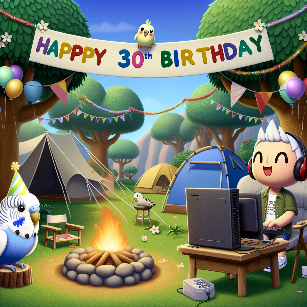 Imagine an endearing cartoon-themed birthday setting, centered on celebrating the arrival of the third decade of life. The backdrop portrays an idyllic campsite environment with tents, lush trees, and a snug campfire, capturing the spirit of outdoor camping. Adding to the festivities is a joyful white budgie in a little party hat, perched on a festooned branch that spans the top of the scene. In the foreground, a cartoon character of unspecified ethnicity and gender sits at the campground, equipped with a contemporary gaming headset and a portable computer, completely engrossed in an exciting game. Decorations such as streamers, balloons, and a 'Happy 30th Birthday' banner enhance the celebratory atmosphere.
Generated with these themes: 30, Camping , White budgie , Gaming, and Computer.
Made with ❤️ by AI.