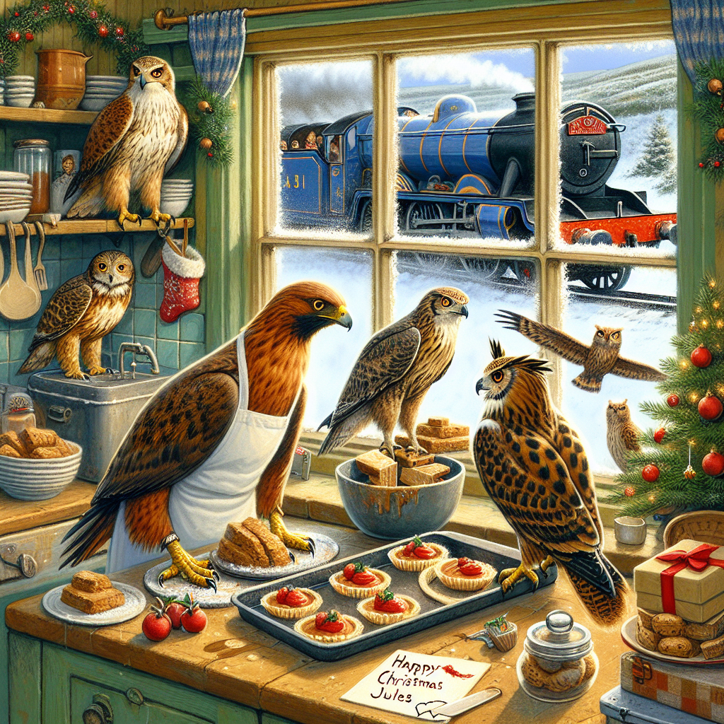 Inside a cozy North Yorkshire kitchen, birds of prey are busy baking festive treats wearing aprons and chef's hats. Outside the frosted window, a steam train passes by, its carriages filled with presents and decorations. On the window sill, steamed up from the warmth inside, 'Happy Christmas Jules' is scrawled with a finger, offering a heartwarming touch to the joyous illustration.
Generated with these themes: Steam trains, Birds of prey, Baking, and North yorkshire.
Made with ❤️ by AI.
