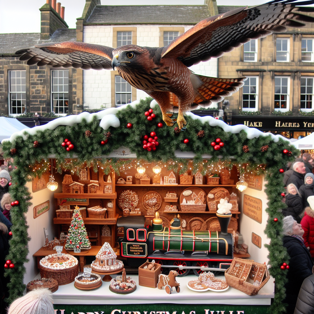 In the bustling North Yorkshire town square, a whimsical Christmas market is in full swing. Amidst the stalls, a team of birds of prey runs a popular baking stand, festooned with holly and twinkling lights. An intricately detailed steam train gingerbread creation takes center stage. Flying over the scene, a hawk unfurls a banner reading 'Happy Christmas Jules' to the delight of onlookers.
Generated with these themes: Steam trains, Birds of prey, Baking, and North yorkshire.
Made with ❤️ by AI.