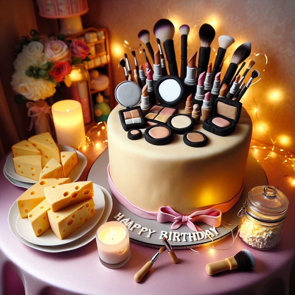 Imagine a delightful corner, fitted for a birthday celebration. It radiates a charming ambiance with its realistic decorations. There are cheese platters beautifully set up next to an appealing cake. The cake icing is skillfully designed to mimic multiple types of makeup products. Soft fairy lights are intertwined with the arrangement, emanating a warm light on the expertly positioned makeup brushes, and smaller blush compacts strategically placed as distinct table decorations complementing the theme.
Generated with these themes: Cheese and make up.
Made with ❤️ by AI.