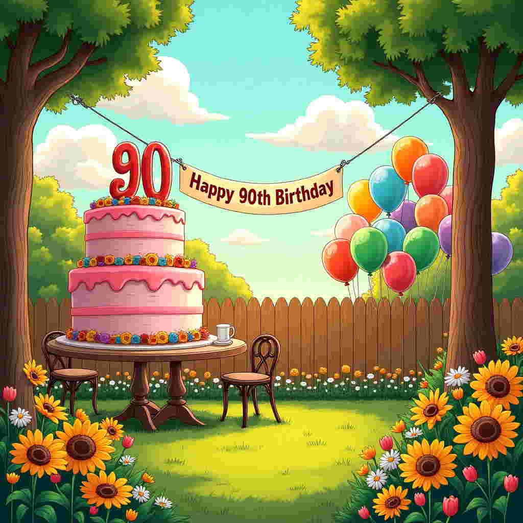 Imagine a vibrant garden scene bathed in a warm, golden afternoon light. In the foreground, an oversized, whimsically detailed birthday cake towers with three tiers. The cake is frosted in pastel pink and adorned with multicolored sugar flowers and the number "90" prominently sculpted on top. Around the cake, a delightful assortment of garden flowers—sunflowers, daisies, and tulips—create a rich tapestry of yellows, whites, and reds, their exaggerated size and features reminiscent of Hergé's Tintin illustrations.

In the background, a wooden picket fence is barely visible, partially hidden by a colorful collection of oversized balloons that float happily into the sky. These balloons are an array of bright, primary colors: bold reds, blues, greens, and yellows, each with a shiny gloss that catches the light.

In the center of the scene, a quaint garden table holds the cake. Surrounding it are chairs with intricate scrollwork, seemingly borrowed from a classic Disney movie. The grass is a lush green, each blade perfectly defined like something out of a Winsor McCay dreamscape.

A charming banner strung between two nearby trees, drawn with the classic line work and detail of Bill Watterson, reads "Happy 90th Birthday" in a playful, bold font. The trees are stout with wide trunks and broad, leafy canopies that sway gently, like characters themselves.

In the sky, fluffy clouds drift lazily, rendered with a softness akin to Charles Schulz's Peanuts universe. They frame the scene from above, as if they're joining in on the celebration.

Each element is exaggerated in a cartoonish style, with the scene bustling with lively details that bring to mind the works of Osamu Tezuka or the quirky humor of Gary Larson. This garden birthday scene is a vivid, playful homage to a lifetime of memories, perfectly capturing the joy of a 90th birthday celebration.
Generated with these themes: 90th Birthday , Garden, Flowers, Cake, and Balloons .
Made with ❤️ by AI.