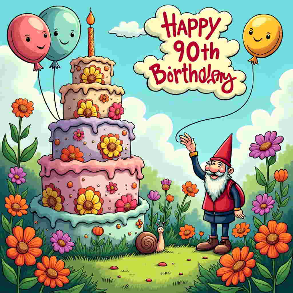 The front cover of the greeting card bursts with a vibrant cartoon scene, reminiscent of classic comic styles. The setting is a lush garden, brimming with life and color. 

In the foreground, a large, whimsical cake towers with three tiers. The cake is decorated with exaggerated swirls of pastel icing in pink, lavender, and mint green. Each tier features playful floral patterns, with sugar daisies and roses, painted in bright yellows, reds, and blues. The cake is crowned with an oversized “90” numeral candle, painted in gold with shimmering sparkles.

Surrounding the cake, a cluster of balloons floats buoyantly in the air. The balloons are in vivid hues of primary colors: red, blue, and yellow, each with a glossy sheen. One balloon has a cheeky smiley face drawn on it, adding a touch of humor. 

The background is a garden scene, with cartoonishly oversized flowers dotting the landscape. The flowers have exaggerated petals in a kaleidoscope of colors: fiery oranges, deep purples, and sunny yellows. Their exaggerated size and faces peeking through petals pay homage to Bill Watterson’s playful elements.

In the sky, puffy clouds drift lazily by, each with thick outlines reminiscent of Osamu Tezuka’s manga style. One cloud unfurls into a banner that reads "Happy 90th Birthday" in bold, bubble-like letters, reminiscent of Walt Disney’s early animations. The text is in a bright red, contrasting vividly against the blue sky.

At the card’s bottom, a small, cheeky garden gnome with a pointed red hat and a wide grin, drawn in the style of Gary Larson’s quirky characters, tips his hat as if saluting the birthday celebration. He stands beside a snail, with exaggerated spirals on its shell, inching its way through the grass.

Overall, the scene captures a blend of lively colors and imaginative details, evoking the whimsical charm of a garden party celebration for a monumental 90th birthday.
Generated with these themes: 90th Birthday , Garden, Flowers, Cake, and Balloons .
Made with ❤️ by AI.