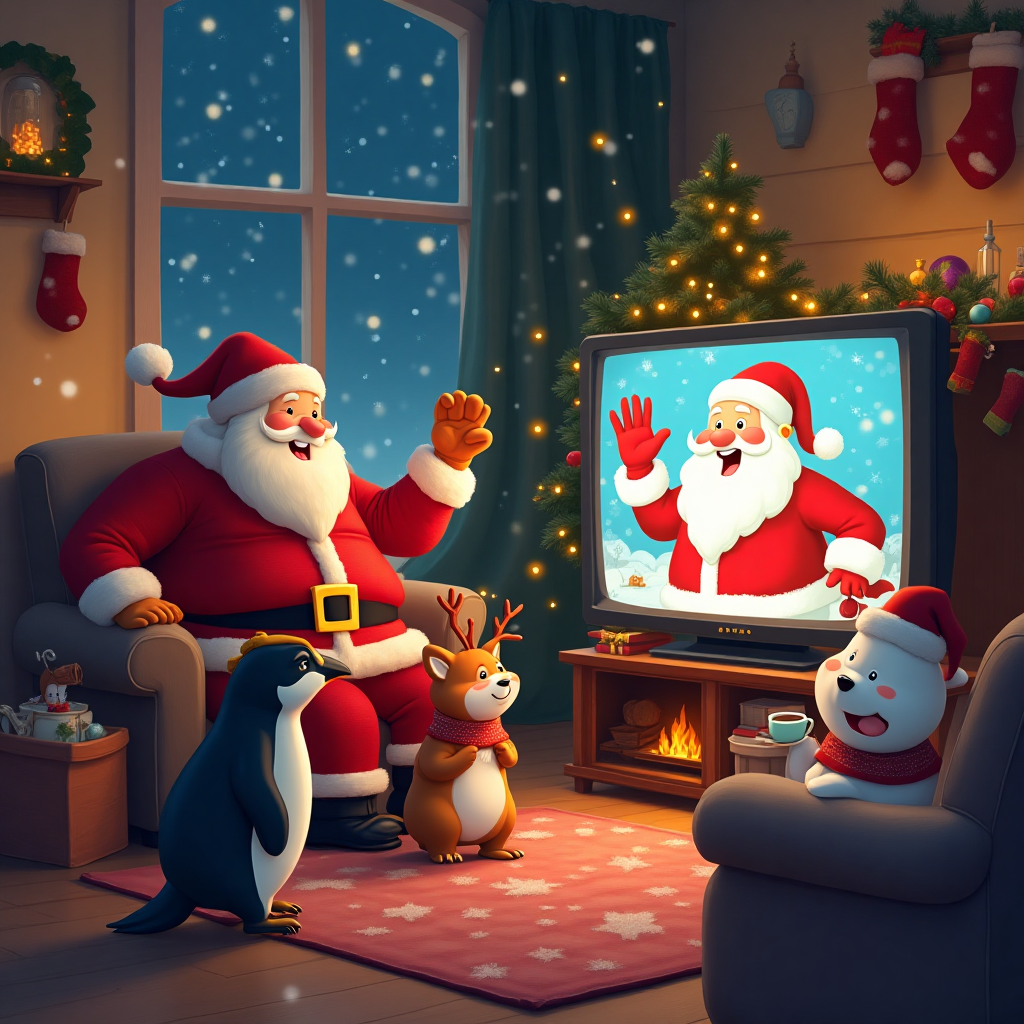 Animals Santa on tv, and Christmas Card