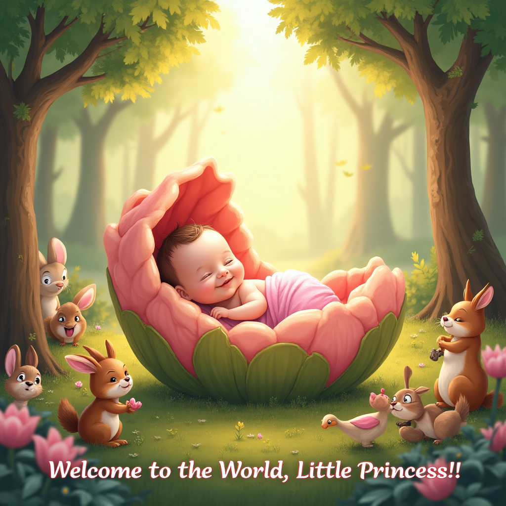 At the top of the Illustration Style image, write: "Congratulations Raech on the birth of your beautiful baby girl Ellroy!"

**Image Description:**
Create a charming and enchanting scene set in a magical forest reminiscent of Disney's whimsical style. In the center of the illustration, depict a serene and adorable baby girl nestled in a cradle made from a large, blooming flower, her delicate features highlighted by the soft glow of sunlight streaming through the canopy. Surrounding the flower cradle, lively forest creatures such as chipmunks, rabbits, and birds gather with expressions of joy and wonder, celebrating the new arrival. The scene is vibrant with a warm color palette of pinks, greens, and golds, capturing the essence of new beginnings and the wonder of life. To enhance the scene, add a playful and heartwarming text at the bottom: "Welcome to the World, Little Princess!"
Generated with these themes: Disney, and .
Made with ❤️ by AI.