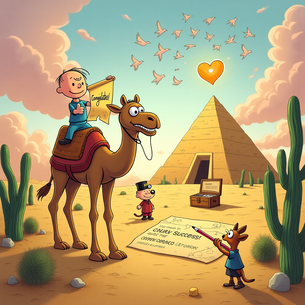 In a whimsical landscape that bridges the realms of dream and reality, the scene unfolds on a golden desert dotted with emerald green cacti and twisted olive trees, echoing the magical realism of "The Alchemist." In the foreground, a camel with oversized, cartoonish eyes and a quirky, endearing grin holds a scroll with the word "Congratulations!" in elegant, calligraphic script. Perched atop the camel is a wide-eyed young man, reminiscent of Schulz's Charlie Brown, yet dressed in the loose, flowing robes of a desert wanderer. He clutches a glowing, oversized golden compass that emits a faint aura of luminescent light, symbolizing the personal legend theme from Coelho's narrative. 

The sky above is a swirl of pastel pinks and purples, where a flock of whimsically sketched birds, akin to Tezuka's dynamic manga lines, soar into infinity, forming the shape of a heart. To the side, a chubby, jovial genie—straight out of a Disney tale—playfully emerges from an ancient lamp, offering a thumbs up with his other hand pointing towards a distant pyramid where a large, glittering eye at the apex winks mischievously. 

In the middle ground, a series of comic-style panels à la Bill Watterson depict a treasure chest being unearthed by a curious antelope in a tie and monocle, narrating the story of discovery and success. This farcical character, a nod to Gary Larson's eccentric humor, comically reveals a map to "Success" carved in the sand with a cheeky, exaggerated arrow pointing to the real treasure—the congratulatory message from friends and family. 

Throughout the scene, tiny details such as a hidden mouse with a pencil (a tribute to Hergé's Tintin), and an inquisitive squirrel reading a tiny edition of "The Alchemist," serve as delightful Easter eggs. This surreal scene is an intricate tapestry of wonder and achievement, blending artistic inspirations into a single, vibrant narrative that celebrates personal triumphs with playful humor and magical realism.
Generated with these themes: Paulo Coelho's book The Alchemist .
Made with ❤️ by AI.
