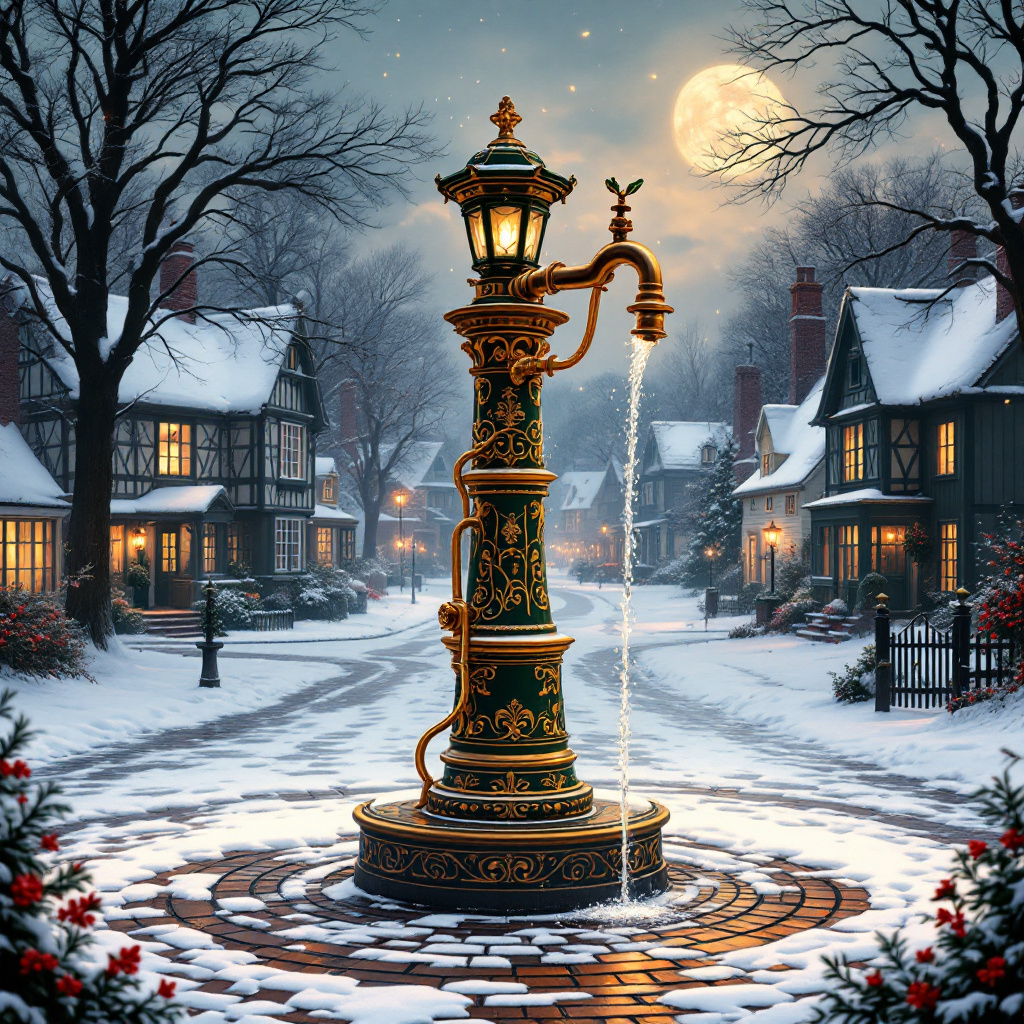 In this uniquely solemn Christmas scene, an ornate, Victorian-style water pump stands proudly at the center, painted in deep evergreen and adorned with intricate gold filigree reminiscent of Aubrey Beardsley's delicate lines. Around the base of the pump, a quaint snow-dusted cobblestone square opens up, much like something out of a Norman Rockwell painting, with a gentle dusting of fresh snow covering the ground. Extending from the pump, a series of brass pipes meander like the roots of an ancient tree, their surfaces glinting with icy frost under the pale moonlight. These pipes weave through a picturesque village setting, akin to those imagined by Beatrix Potter, with cozy cottages and softly glowing windows scattered about, their chimneys whispering wisps of smoke into the starlit sky.

Each pipe ends at an old-fashioned wrought iron tap affixed to the side of a charming cottage or tucked alongside a garden gate. These taps are ornately crafted, each with a unique handle shaped like holly leaves, their vibrant red berries casting a warm glow in the reflection of candlelit lanterns hung nearby. Nearby, a group of children bundled in Edwardian winter attire play in the snow, their figures drawn with the lively energy of Quentin Blake's characters, as they toss snowballs and giggle, their cheeks rosy with cold. Above them, the twisted branches of a bare oak tree, reminiscent of Arthur Rackham's fantastical forests, frame the scene, and a lone robin perches on a branch, its vivid red breast a splash of color against the monochrome night. In the distance, a softly illuminated church tower peeks over the rooftops, hinting at midnight mass, its bell tower striking a subtle yet resonant note of tranquility and community harmony.
Generated with these themes: water pumps pipes taps.
Made with ❤️ by AI.