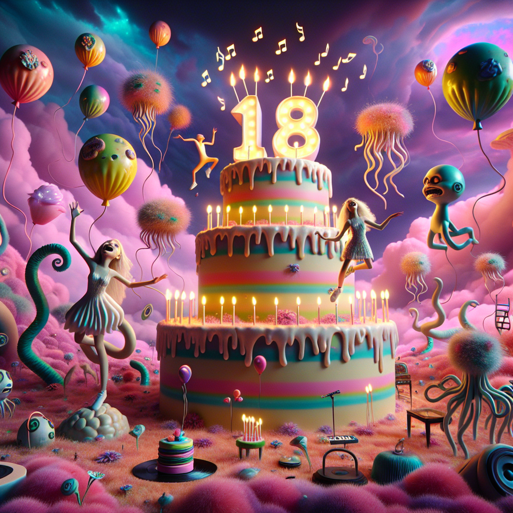 Visualize a fantastical dreamlike scene showcasing a sky brimming with swirling pastel hues and floating balloons modelled after bizarre creatures. At this enigmatic landscape's core, capture a colossal three-tiered cake mimicking an eccentric pile of vinyl records, with each record incrementally larger. The topmost record holds 18 glowing candles emitting a magic-infused light, casting bewitching silhouettes. Uncover a caricature of a teenage girl having exaggerated features and wearing a fanciful dress, joyfully pirouetting around the cake. Accompany this joyful dance with musical notes fluttering around in the air, enhancing the mystical ambiance of her 18th birthday commemoration.
Generated with these themes: Daughter, 18th, records, candles.
Made with ❤️ by AI.