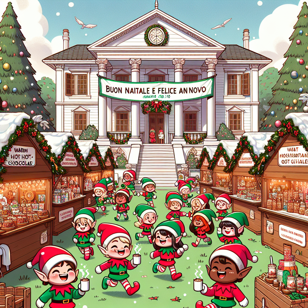 The second variation presents a bustling cartoon Christmas market set in front of a grand white building made of wood. The garden space is filled with holiday stalls selling hot cocoa and gifts, under a banner that proclaims 'Buon natale e felice anno nuovo' in cheerful lettering. Cartoony elves dash about, their laughter adding to the festive atmosphere.
Generated with these themes: White, Building, Wood, and Garden.
Made with ❤️ by AI.