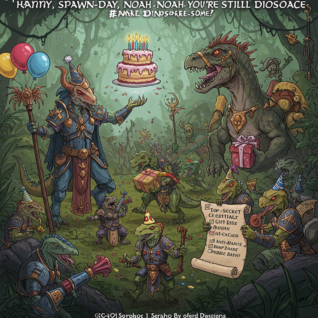 **Prompt for the image:**

At the top of the cartoon image, write: **"Happy Spawn-Day, Noah – You’re Still Dinosore-some!"**

Create a vibrant and humorous cartoon-style image set in a lush, jungle-clad realm of Ghyran, featuring a party scene thrown by Seraphon warriors. A regal Slann Starmaster is wearing a pointy birthday hat, levitating a giant, glowing birthday cake with mystical power. Several Skinks and Saurus warriors in festive gear (party hats, confetti blasters, one blowing a kazoo) are dancing around a giant “#ANCIENT” balloon.

In the background, a Stegadon with a party banner tied between its horns is stomping by carrying presents wrapped in bright paper decorated with Sigmar runes.

One Skink is holding a scroll titled “Top-Secret Celestial Gift List” and checking off ridiculous, magical presents (like “Comet-in-a-Can” or “Anti-Chaos Bubble Bath”).

The whole image radiates party chaos, ancient jungle mysticism, and cosmic-level silliness — all wrapped up in a glorious Seraphon birthday bash for Noah.
Generated with these themes: Age of sigmar seraphon.
Made with ❤️ by AI.