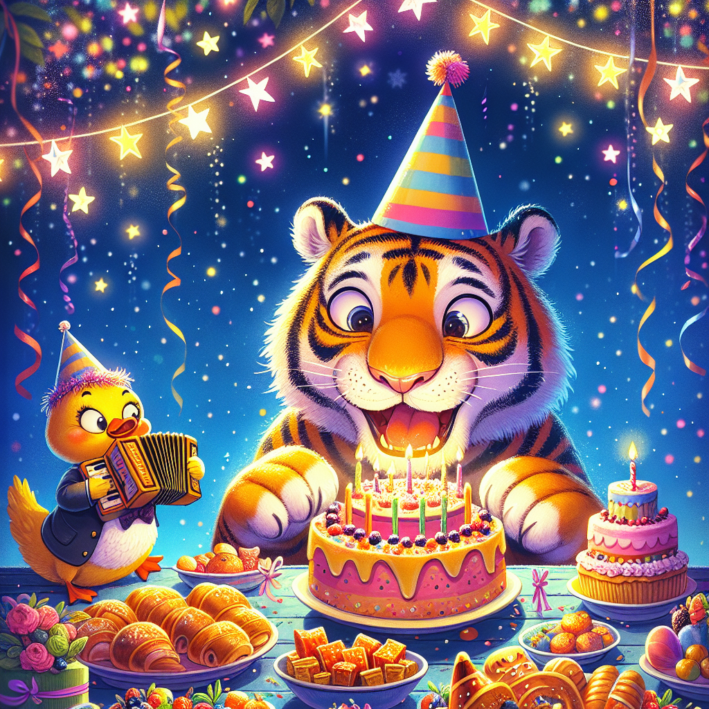 Create a delightful birthday-themed illustration that radiates a feeling of cheer and festivity. The central focus is a personable tiger, adorned with a party hat, tempting itself by greedily eyeing across a vibrant and tantalizing array of birthday feast spread on a table. In the vicinity, a lovable duck donning a neat bow tie, is providing a rhythmic underscore to the scene by skillfully playing a diminutive accordion. Suspended above, the night sky embraces specks of shimmering stars, casting a soothing radiance that amplifies the enchanting setting.
Generated with these themes: Tiger, Duck, Food, Music, and Stars.
Made with ❤️ by AI.