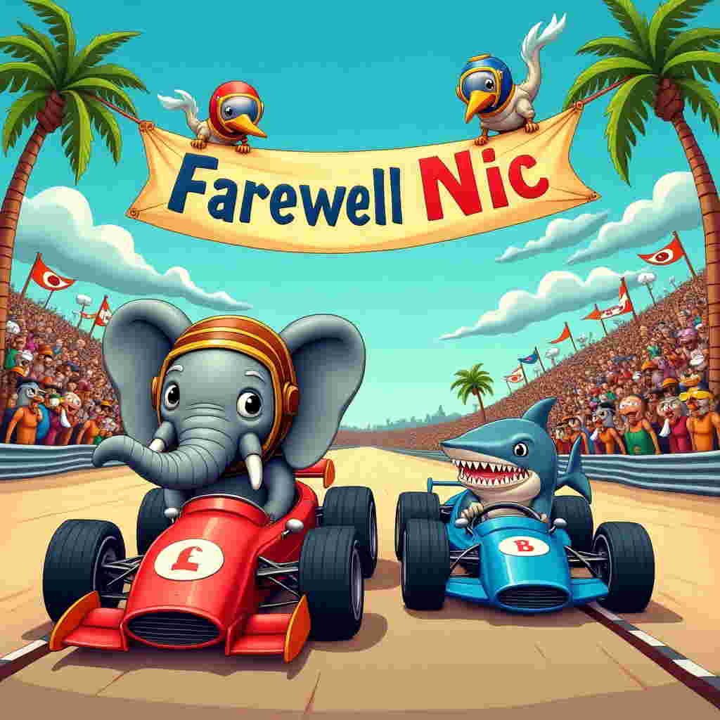 In a vibrant and bustling cartoon scene, imagine an elephant with an enormous, comically oversized head, donning a vintage-style scuba helmet complete with a golden rim and porthole glass. The elephant’s trunk humorously protrudes from the helmet, wrapped around a snorkel. Its gray skin contrasts with the bright red flippers on its feet, and it's seated in a sleek, red Formula 1 car that matches the shade of the flippers. The car’s wheels spin as it zooms along a winding track.

Beside it, in a shiny blue F1 car with flame decals, is a shark with an elongated, toothy grin. The shark is dressed in a classic black-and-white checkered racing suit, its dorsal fin poking through a custom-made slot in the seat. The shark’s steering wheel is gripped tightly by its fins, and a tiny racing helmet perches humorously on top of its head.

Above the scene, a large, playful banner stretches across the sky, held aloft by two cartoon birds in racing helmets. The banner reads "Farewell Nic" in bold, playful letters reminiscent of racing decals, with a checkerboard pattern lining the bottom.

The background features a vivid blue sky with fluffy white clouds scattered like cotton balls. Along the race track, stands are filled with a cheering crowd of diverse, exaggerated cartoon animals, waving flags and banners. In the distance, palm trees with exaggeratedly curvy trunks sway gently, adding to the whimsical chaos of this farewell race. Bright colors like vibrant oranges, greens, and blues dominate the scene, creating a lively and humorous farewell spectacle.
Generated with these themes: Elephant wearing scuba gear and a shark driving f1 racing cars.
Made with ❤️ by AI.